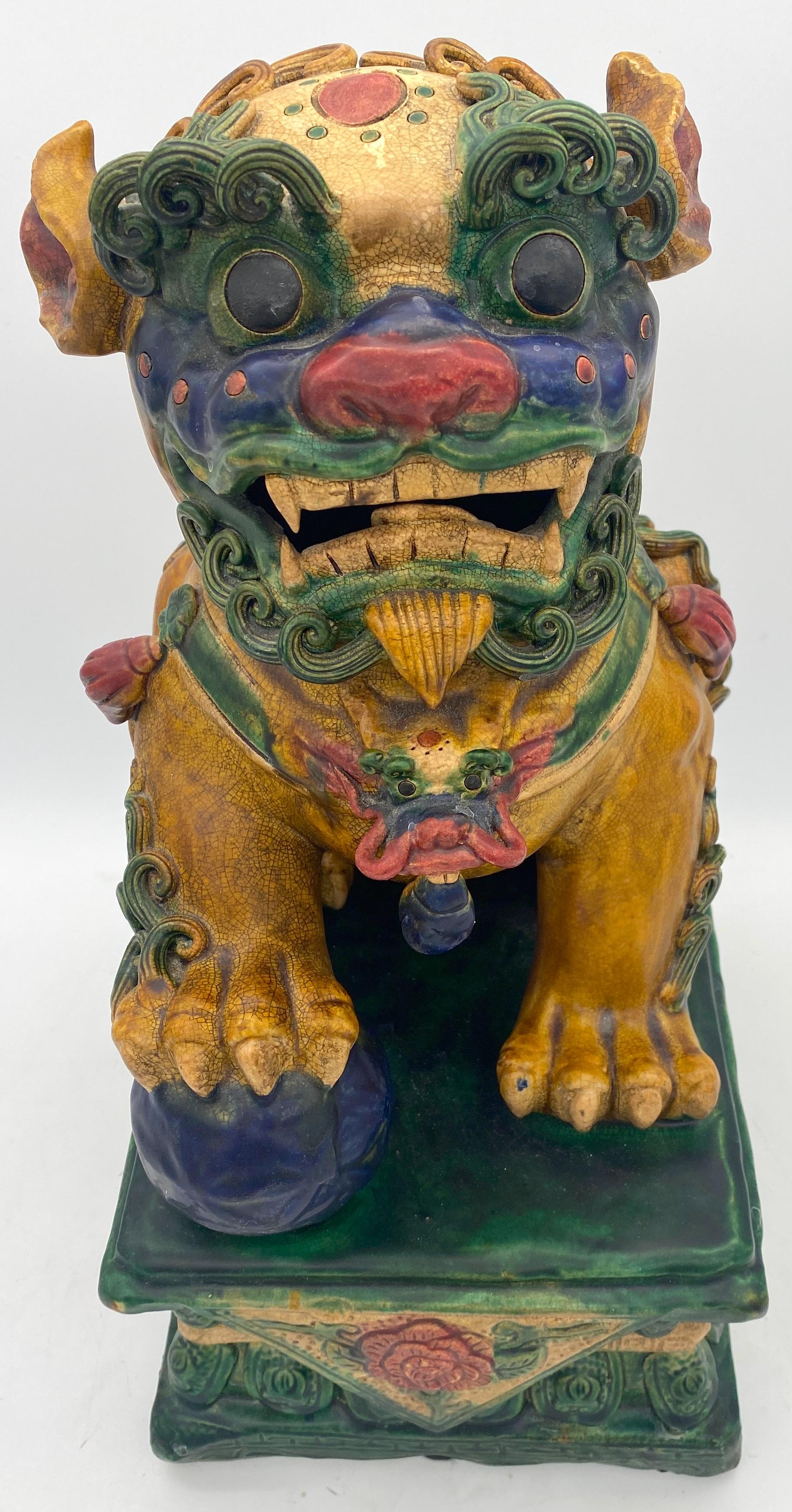 Large Pair of Chinese Export Sancai Glazed Foo Dogs For Sale 8
