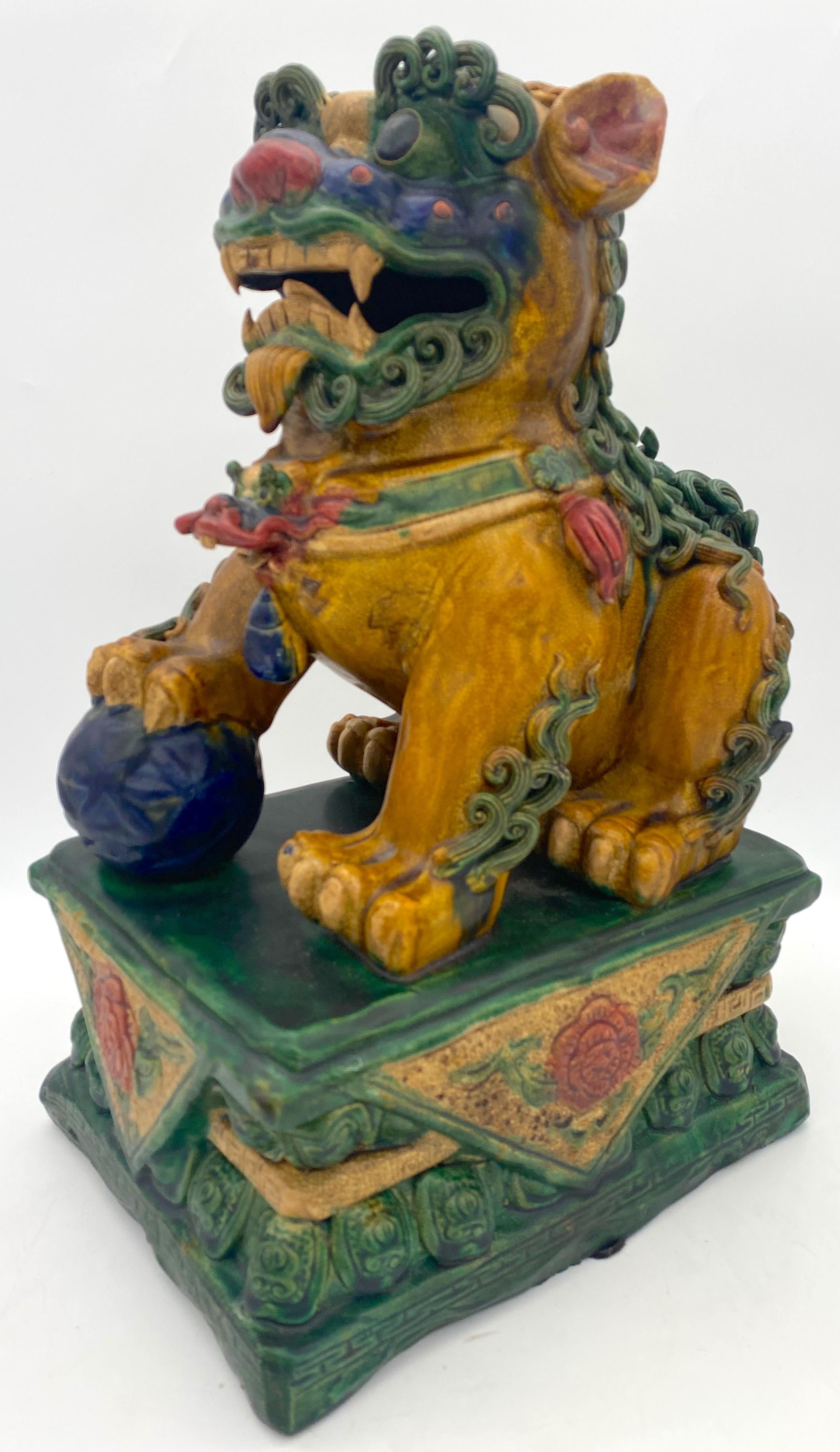Large Pair of Chinese Export Sancai Glazed Foo Dogs For Sale 9