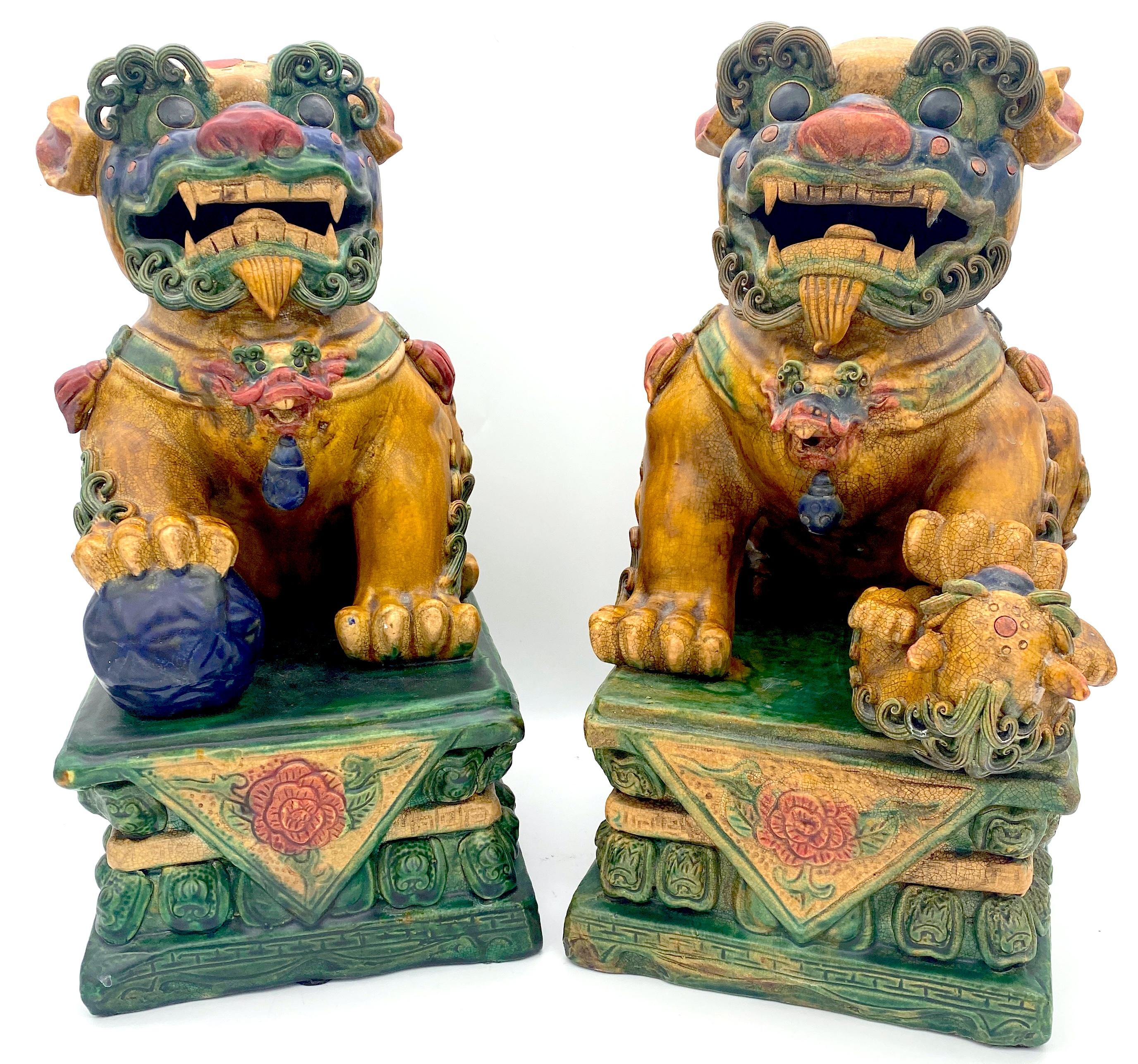 20th Century Large Pair of Chinese Export Sancai Glazed Foo Dogs For Sale
