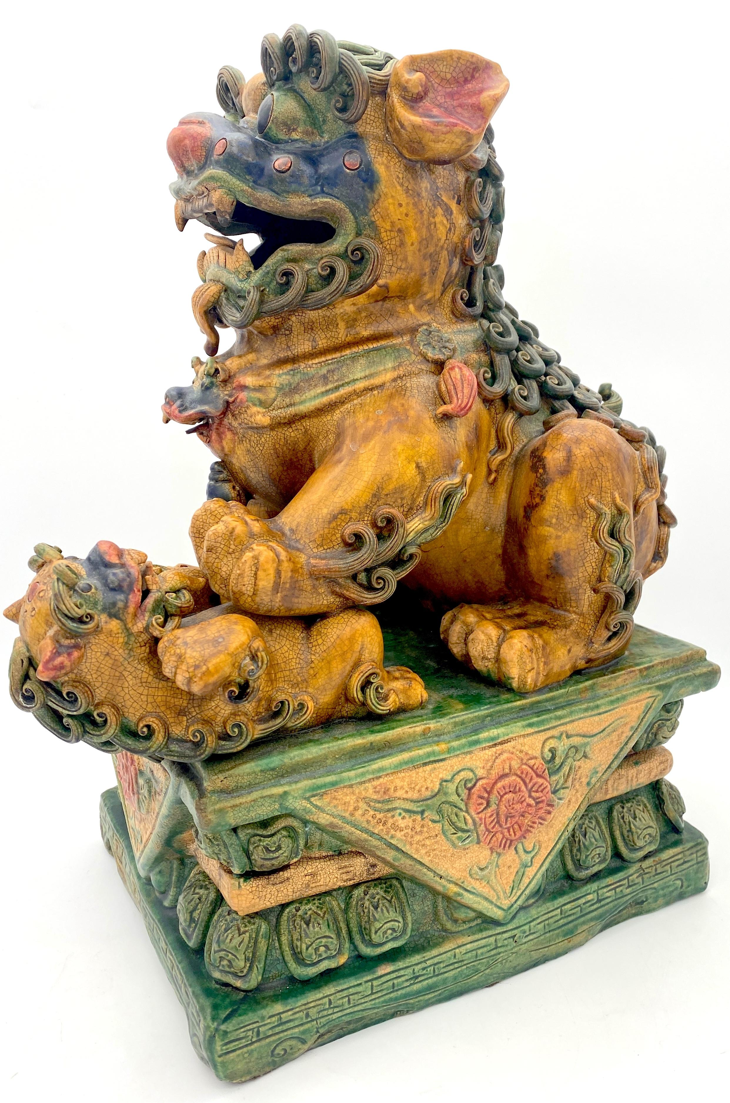 Large Pair of Chinese Export Sancai Glazed Foo Dogs For Sale 1