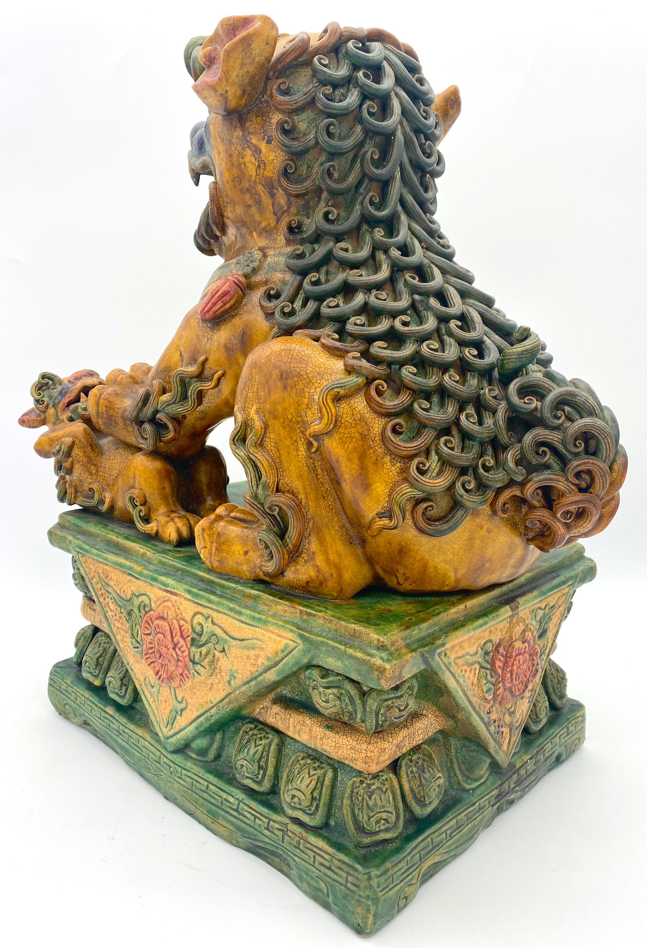 Large Pair of Chinese Export Sancai Glazed Foo Dogs For Sale 2
