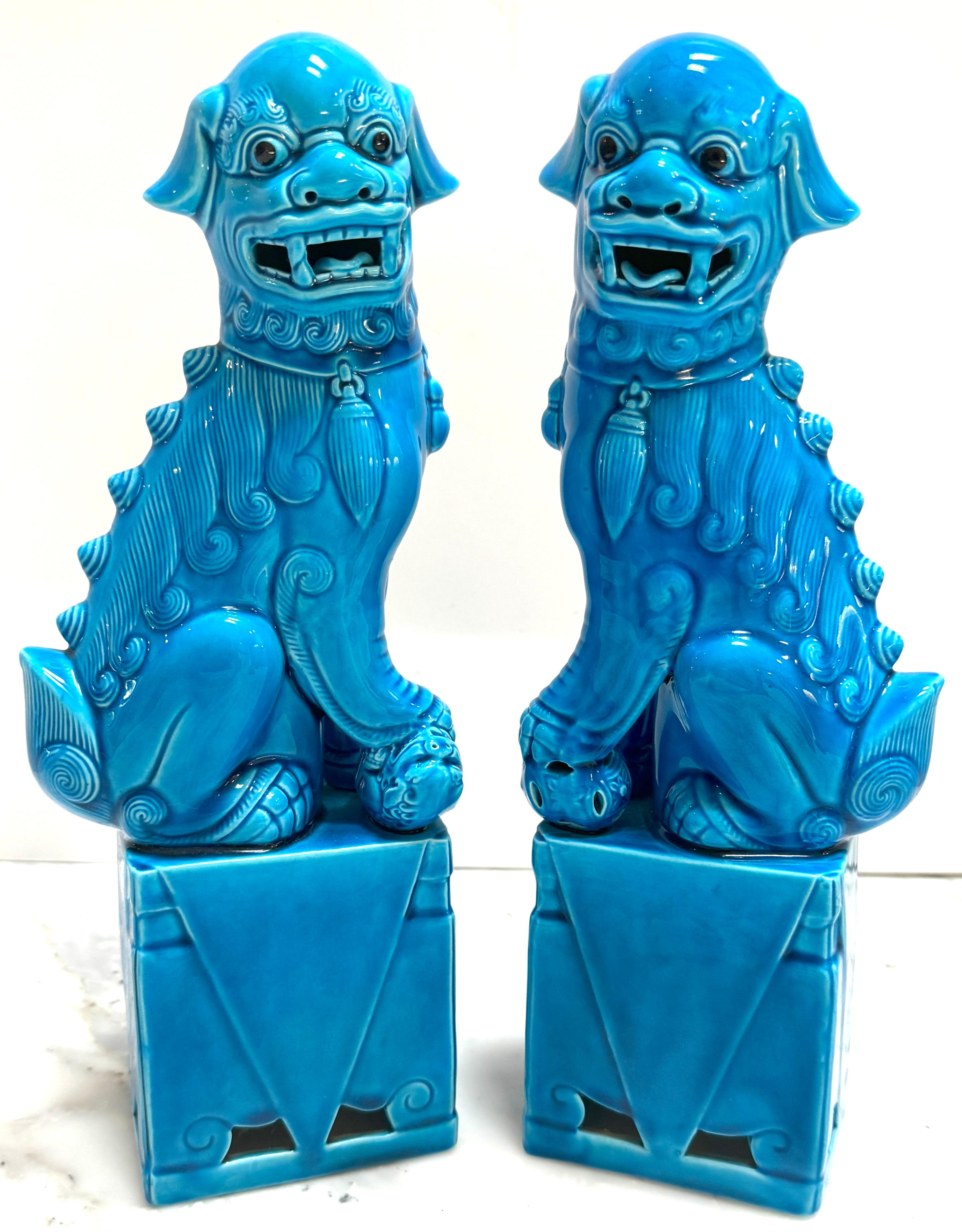 Glazed Large Pair of Chinese Export Turquoise Foo Dogs For Sale