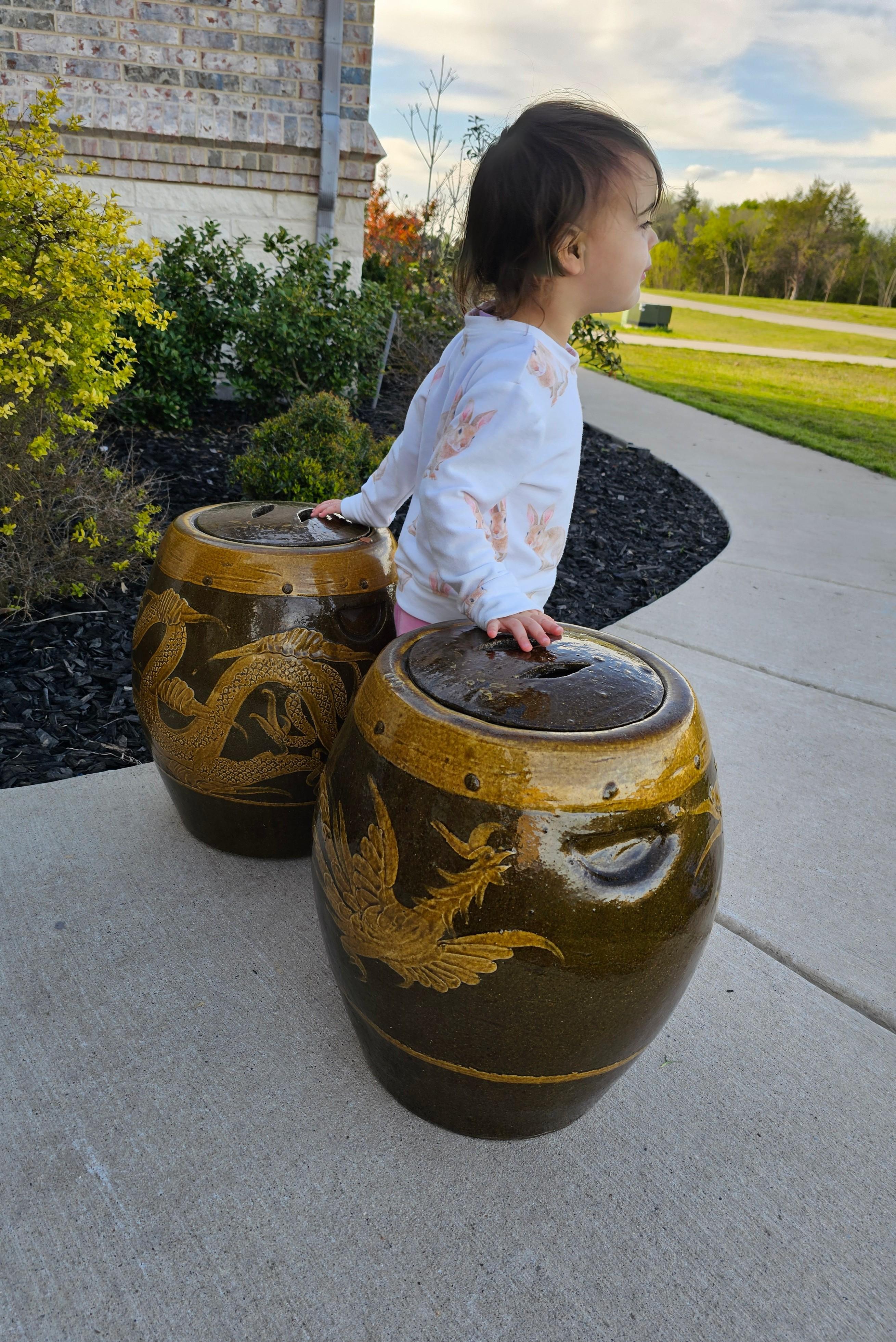 Large Pair of Chinese Glazed Earthenware Covered Martaban Storage Jars For Sale 5