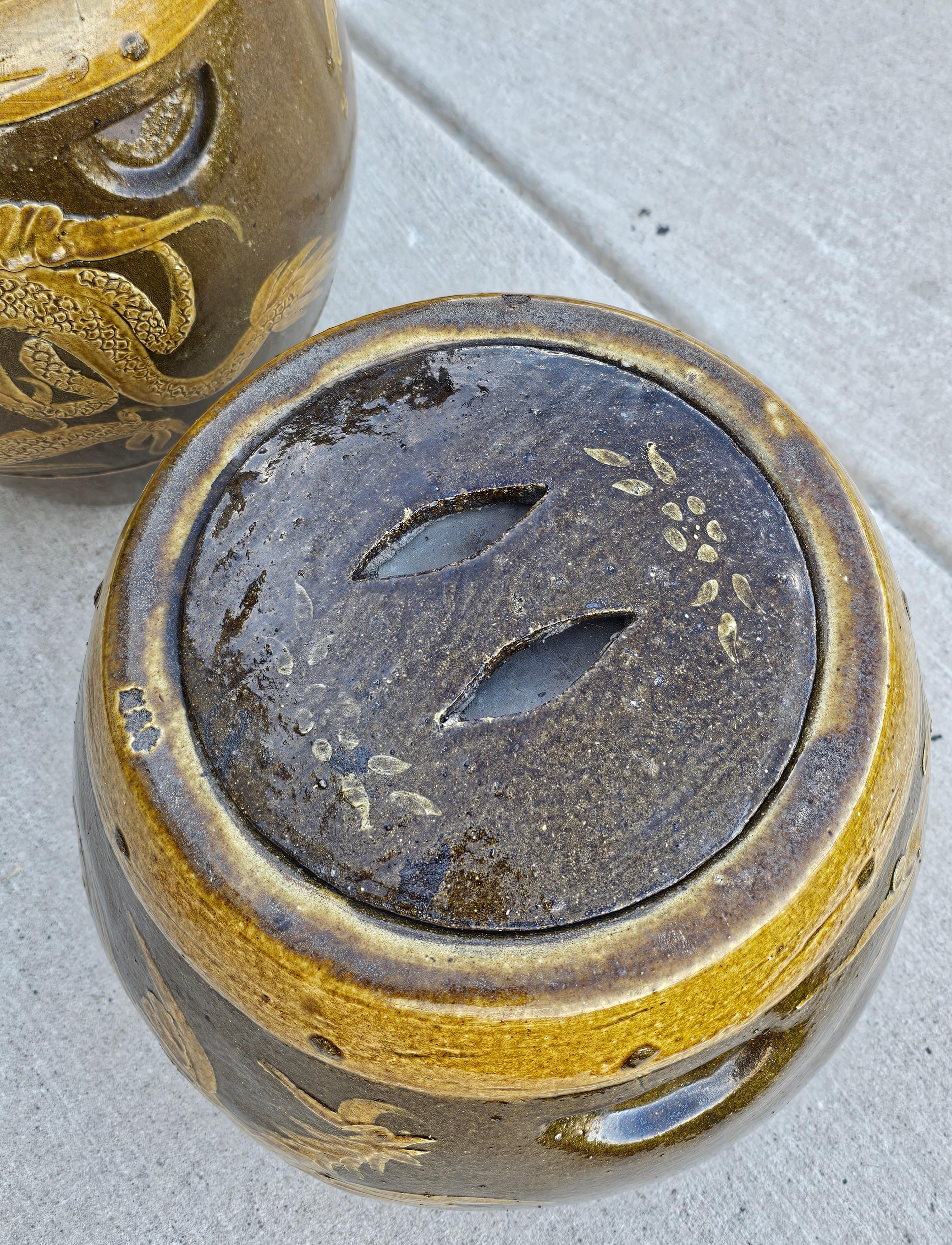 Large Pair of Chinese Glazed Earthenware Covered Martaban Storage Jars For Sale 7