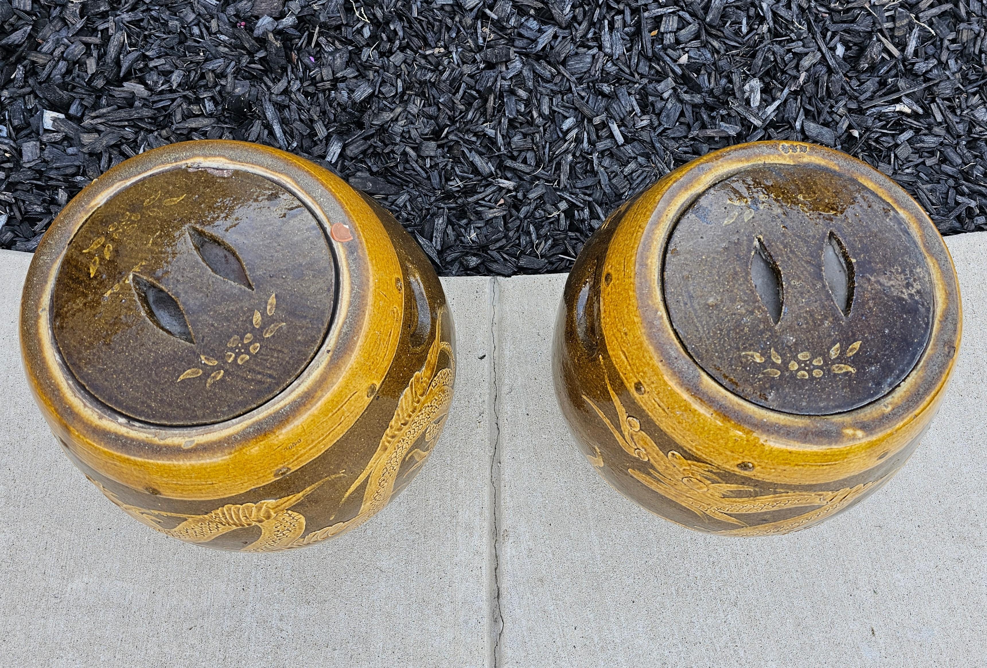 Large Pair of Chinese Glazed Earthenware Covered Martaban Storage Jars For Sale 8