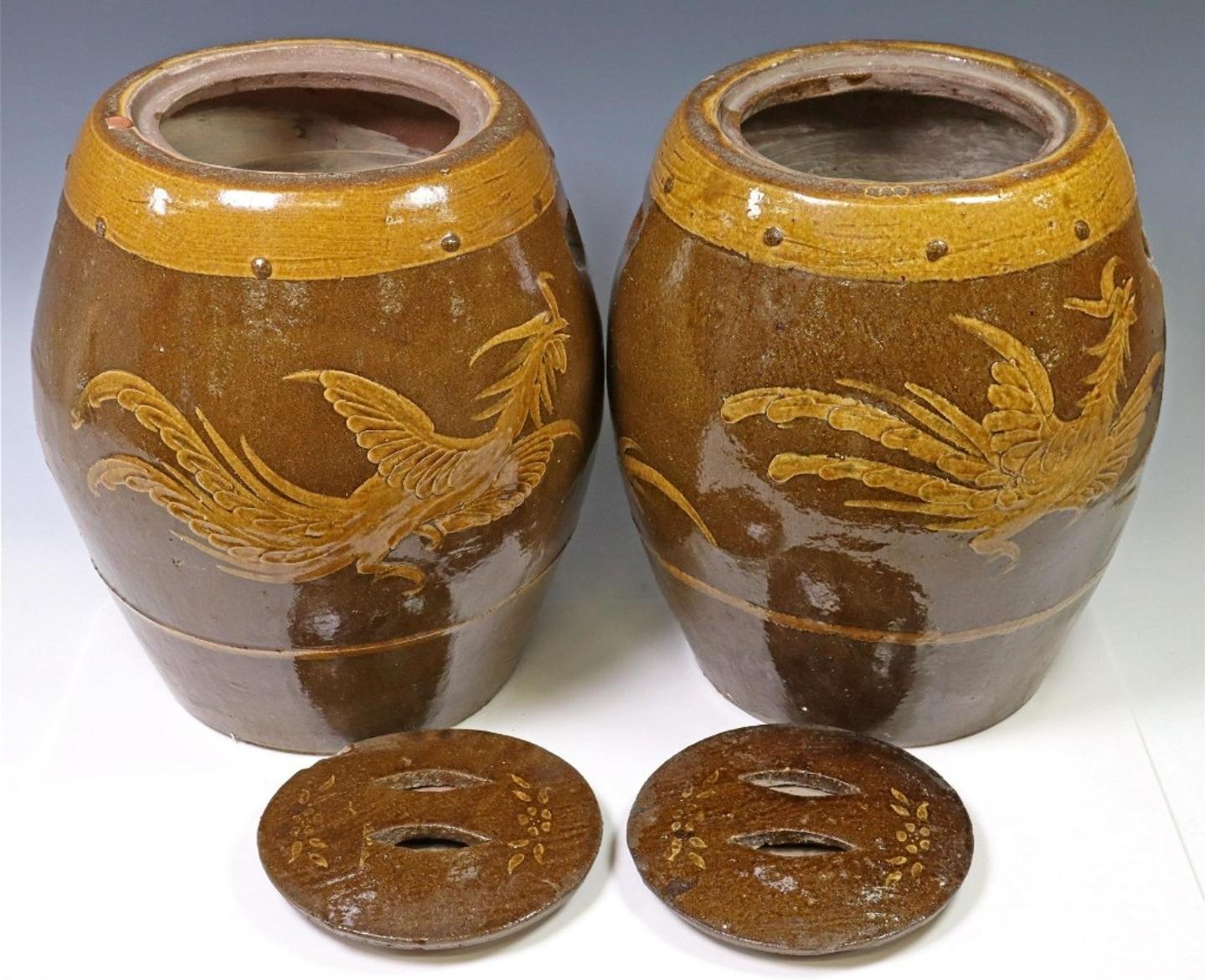 Large Pair of Chinese Glazed Earthenware Covered Martaban Storage Jars For Sale 14