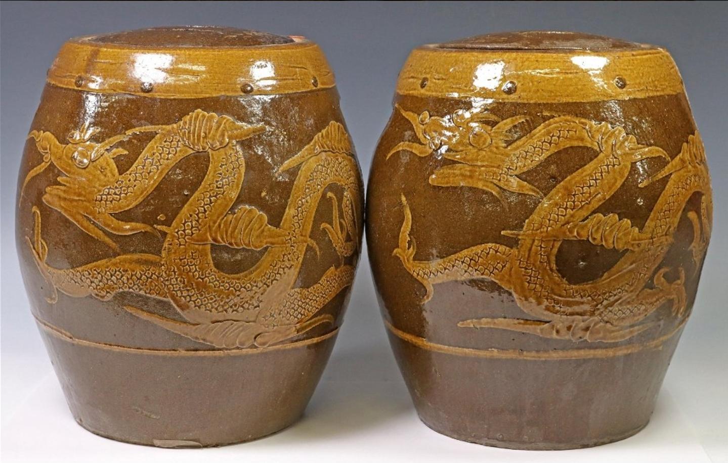 Large Pair of Chinese Glazed Earthenware Covered Martaban Storage Jars For Sale 15