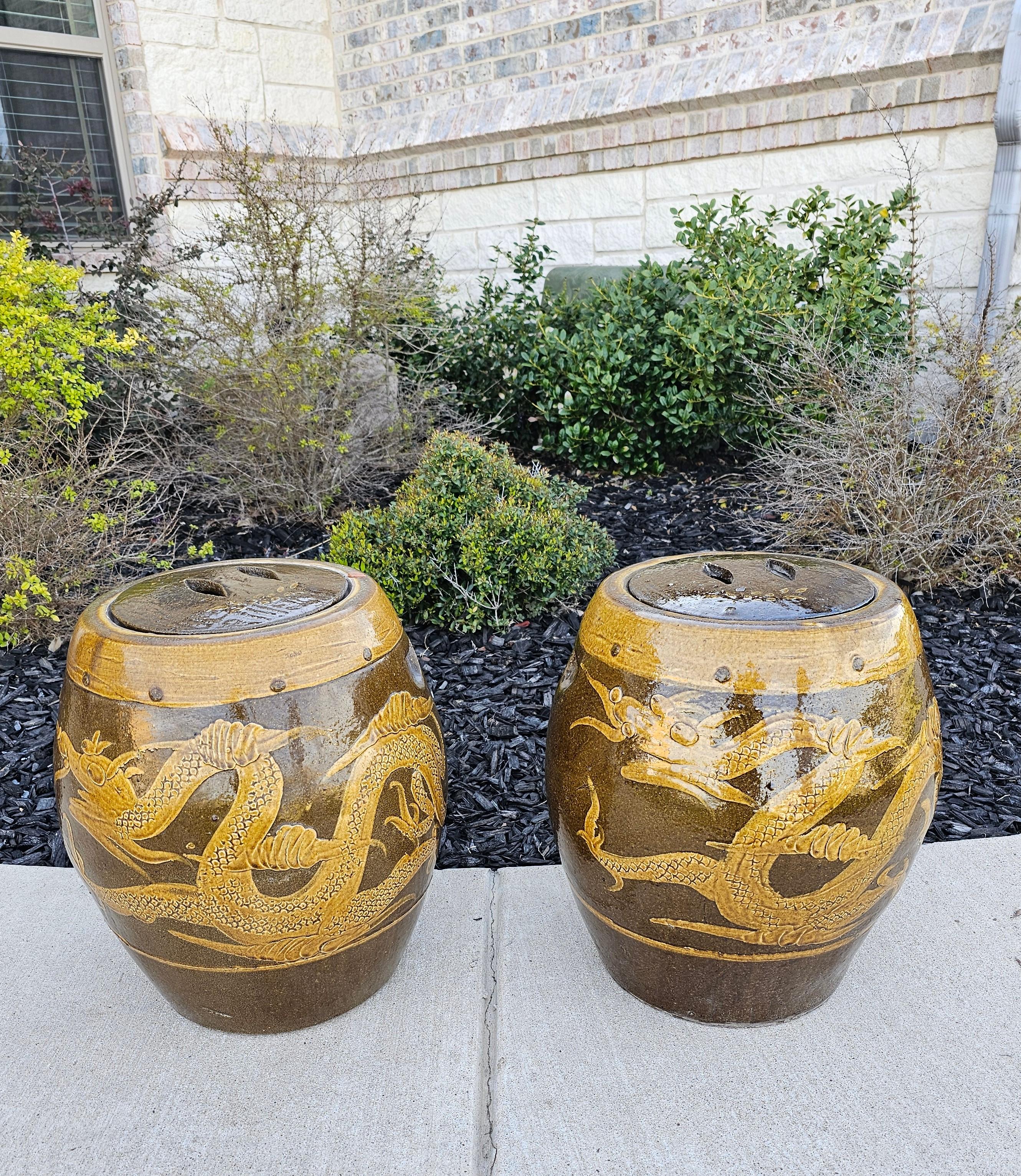 Large Pair of Chinese Glazed Earthenware Covered Martaban Storage Jars In Good Condition For Sale In Forney, TX