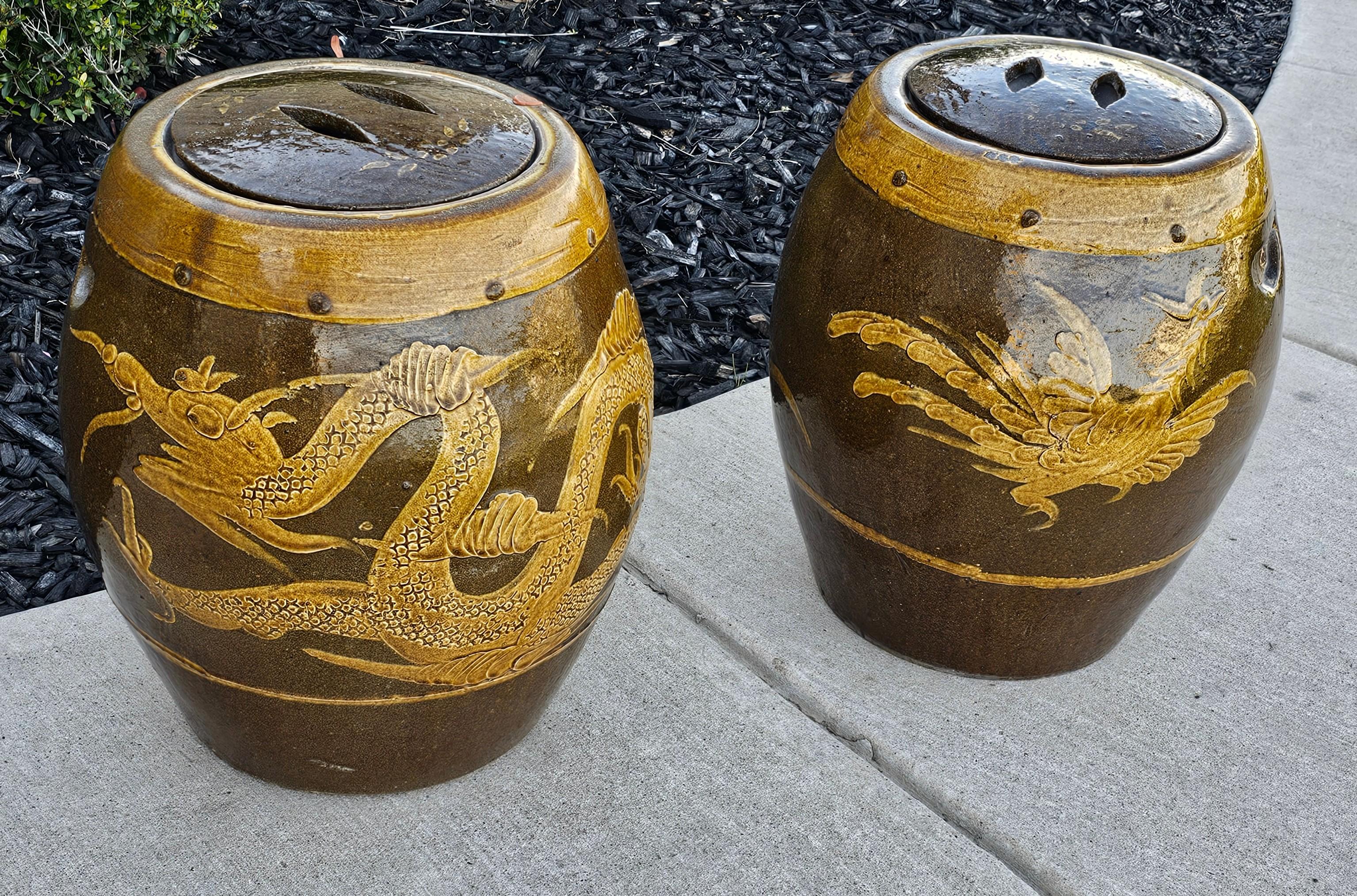 20th Century Large Pair of Chinese Glazed Earthenware Covered Martaban Storage Jars For Sale