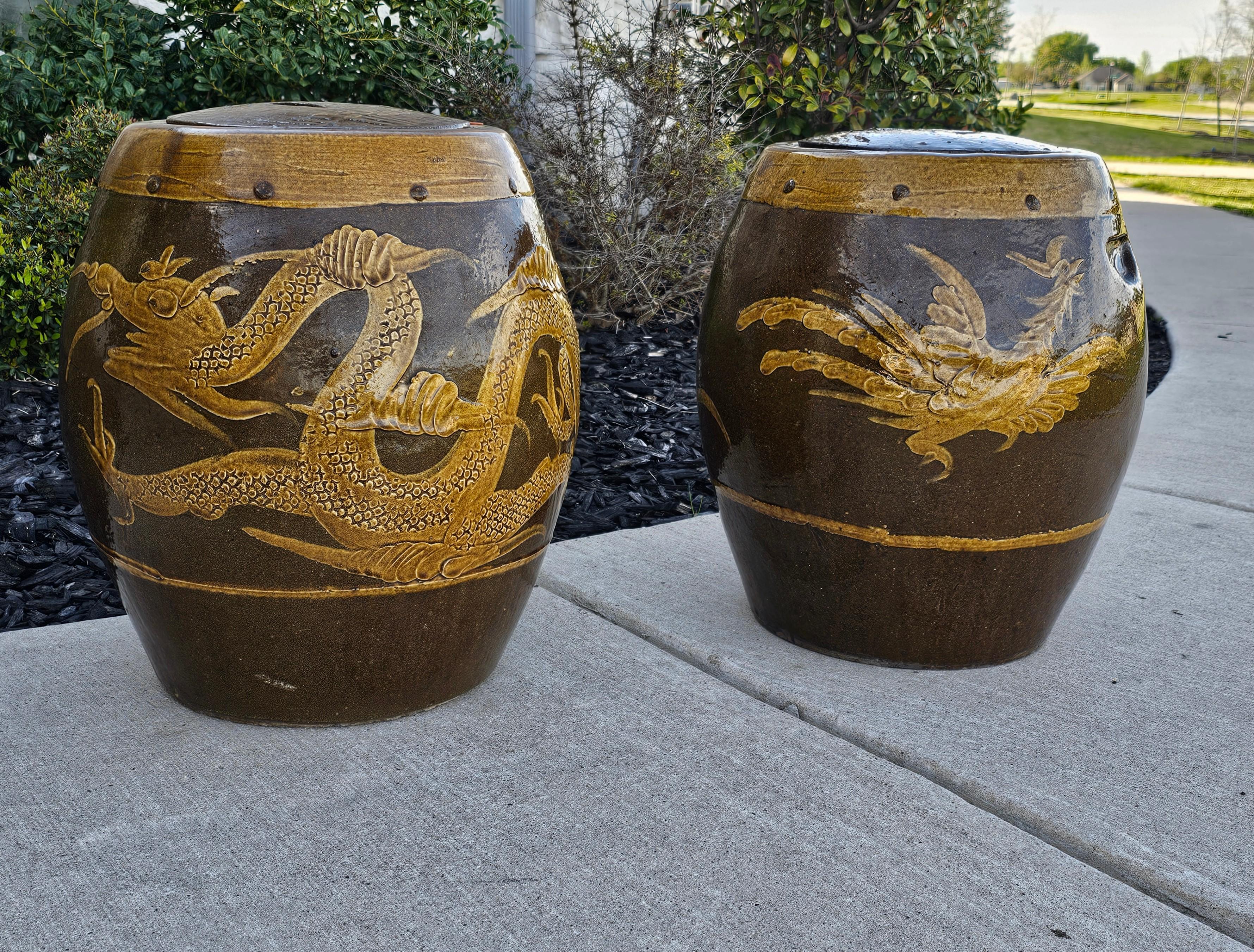 Large Pair of Chinese Glazed Earthenware Covered Martaban Storage Jars For Sale 1