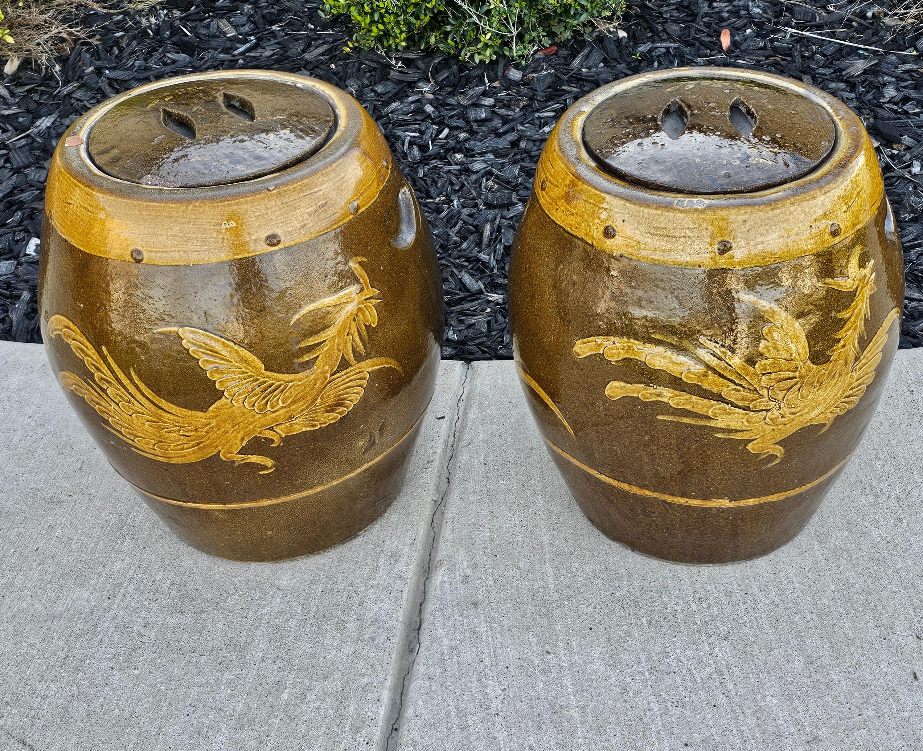 Large Pair of Chinese Glazed Earthenware Covered Martaban Storage Jars For Sale 2