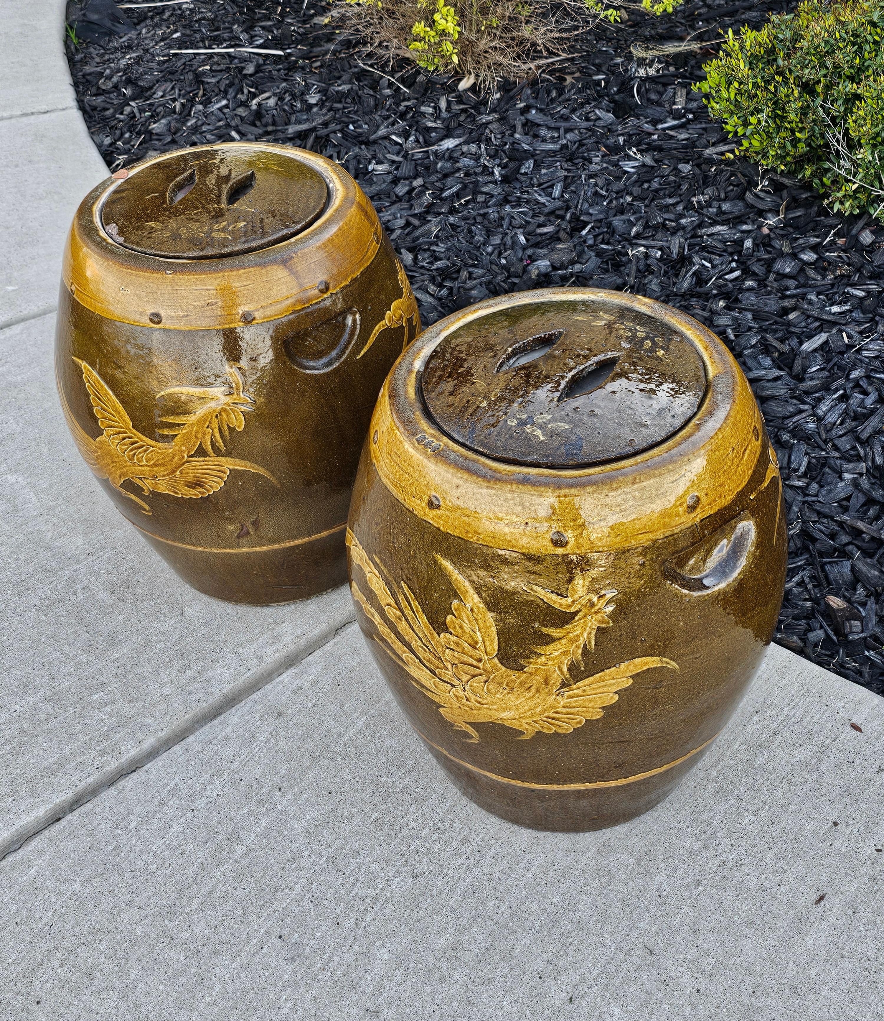 Large Pair of Chinese Glazed Earthenware Covered Martaban Storage Jars For Sale 4