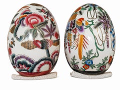 Large Pair of Chinese Hand-Painted Gilt Porcelain Eggs with Birds & Flowers