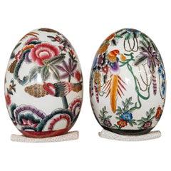 Large Pair of Chinese Hand-Painted Gilt Porcelain Eggs with Birds & Flowers