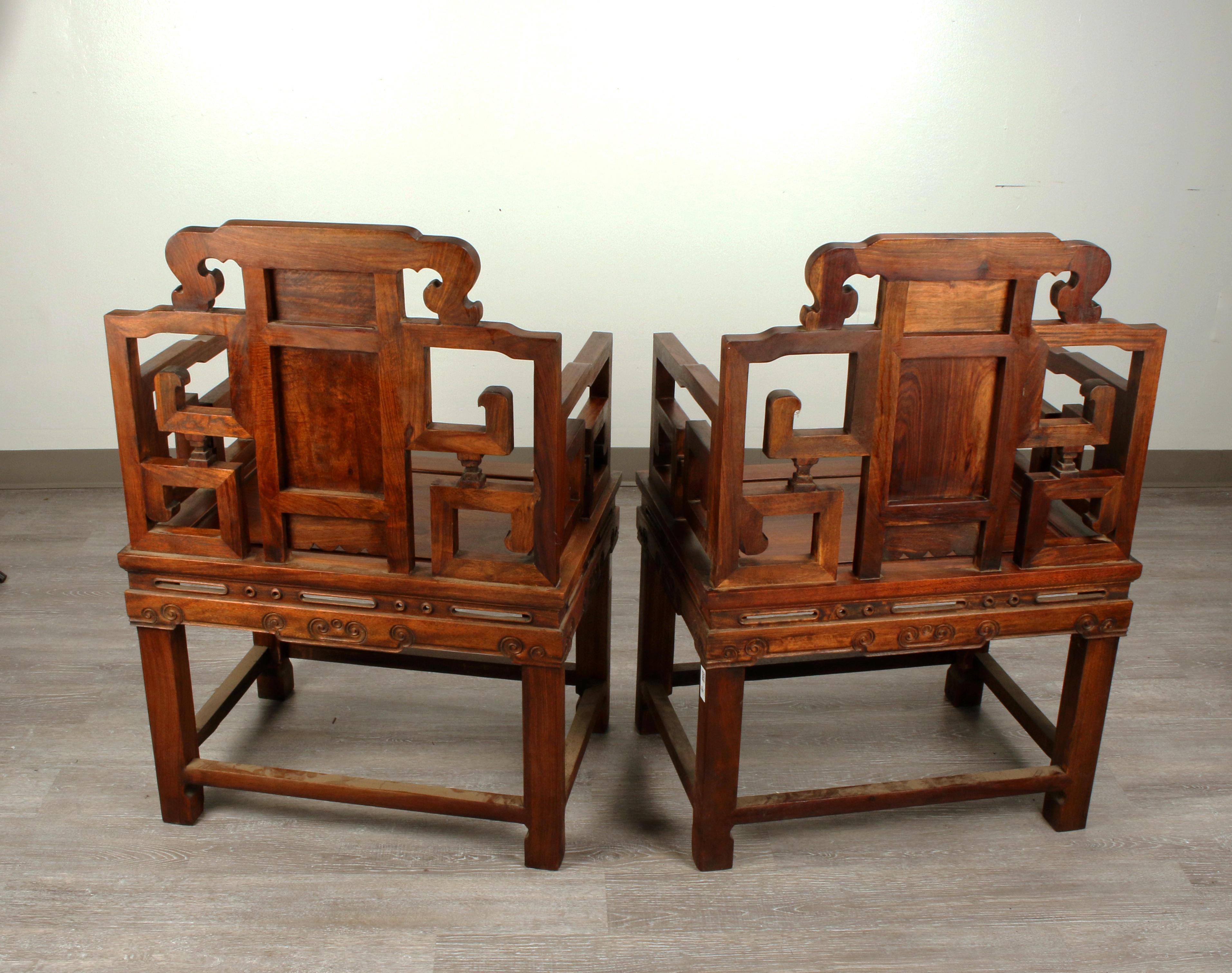 Hand-Carved Large Pair of Chinese Hongmu Arm Chairs For Sale