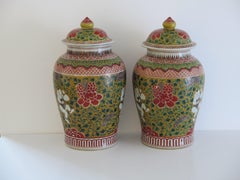 Large PAIR of Chinese Lidded Vases porcelain polychrome very decorative, Ca 1915