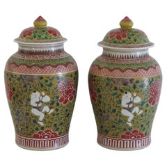 Grande COPPIA di vasi cinesi con coperchio in porcellana policroma molto decorativi, 1915 ca.