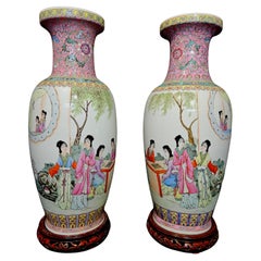 Large Pair of Chinese Porcelain Famille Rose Vases in Mirrored Images, Marked