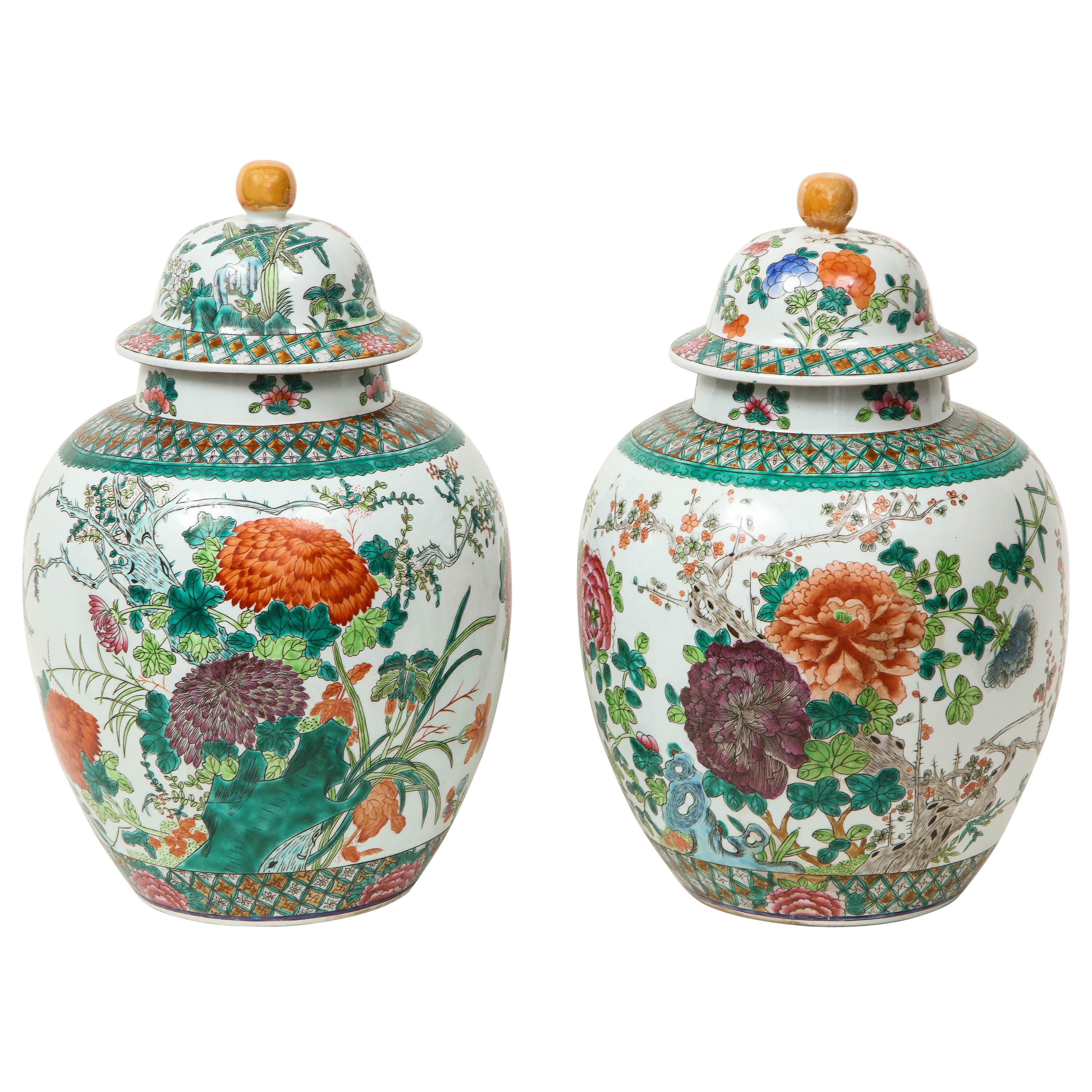 Large Pair of Chinese Porcelain Famille Verte Covered Jars