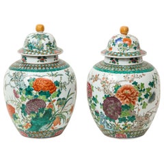 Vintage Large Pair of Chinese Porcelain Famille Verte Covered Jars