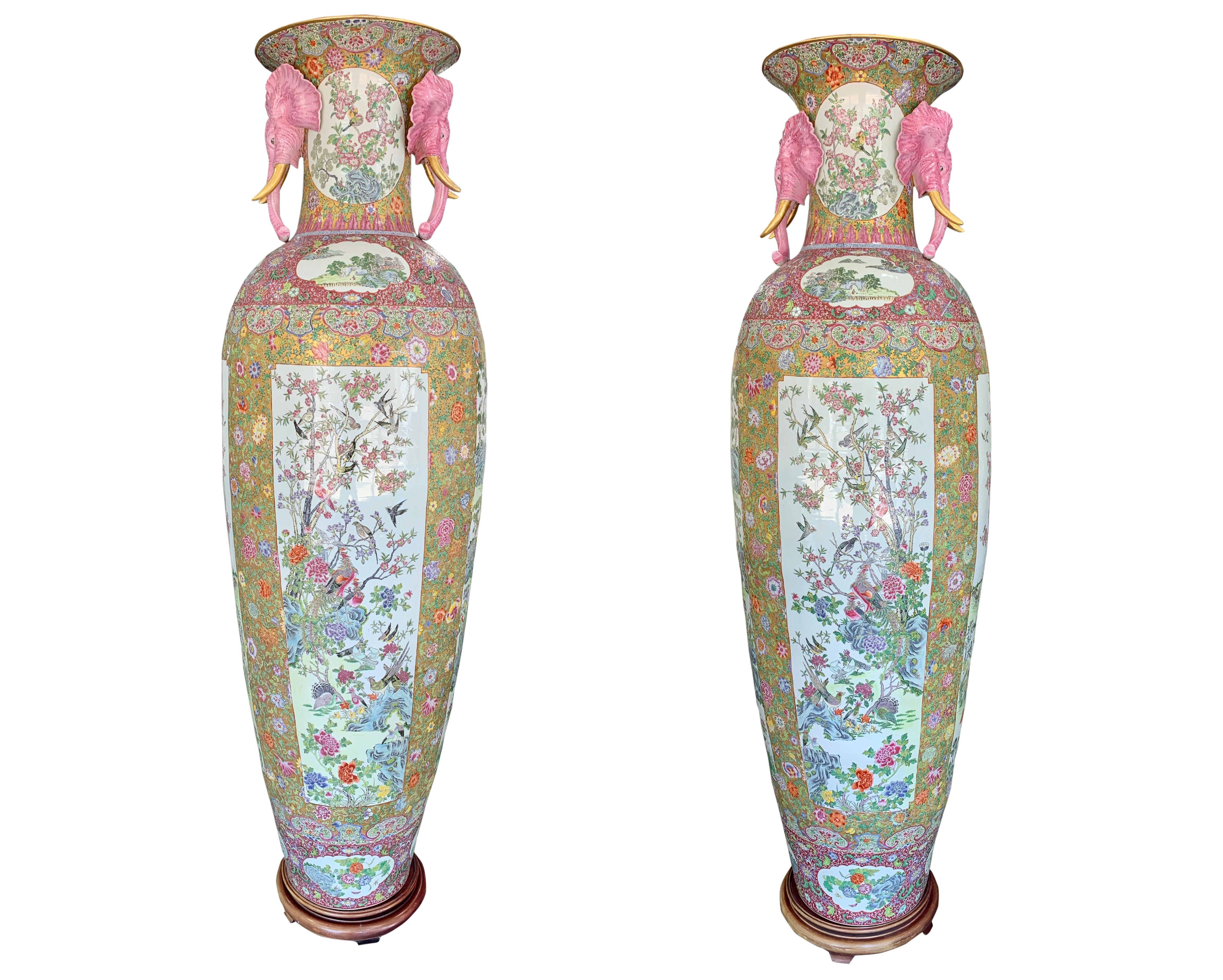 Monumental Pair of Chinese Rose Canton Porcelain Palace Vases In Excellent Condition In Los Angeles, CA