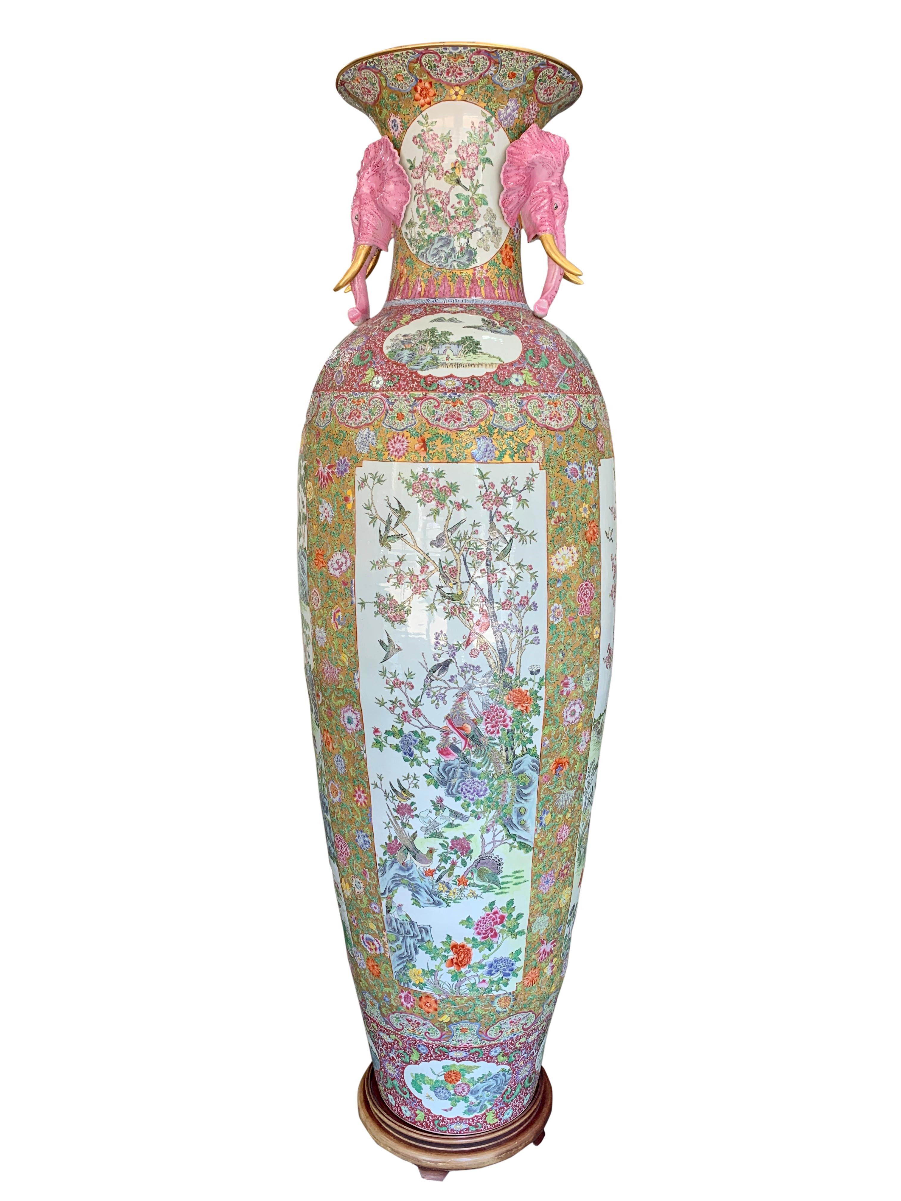 20th Century Monumental Pair of Chinese Rose Canton Porcelain Palace Vases