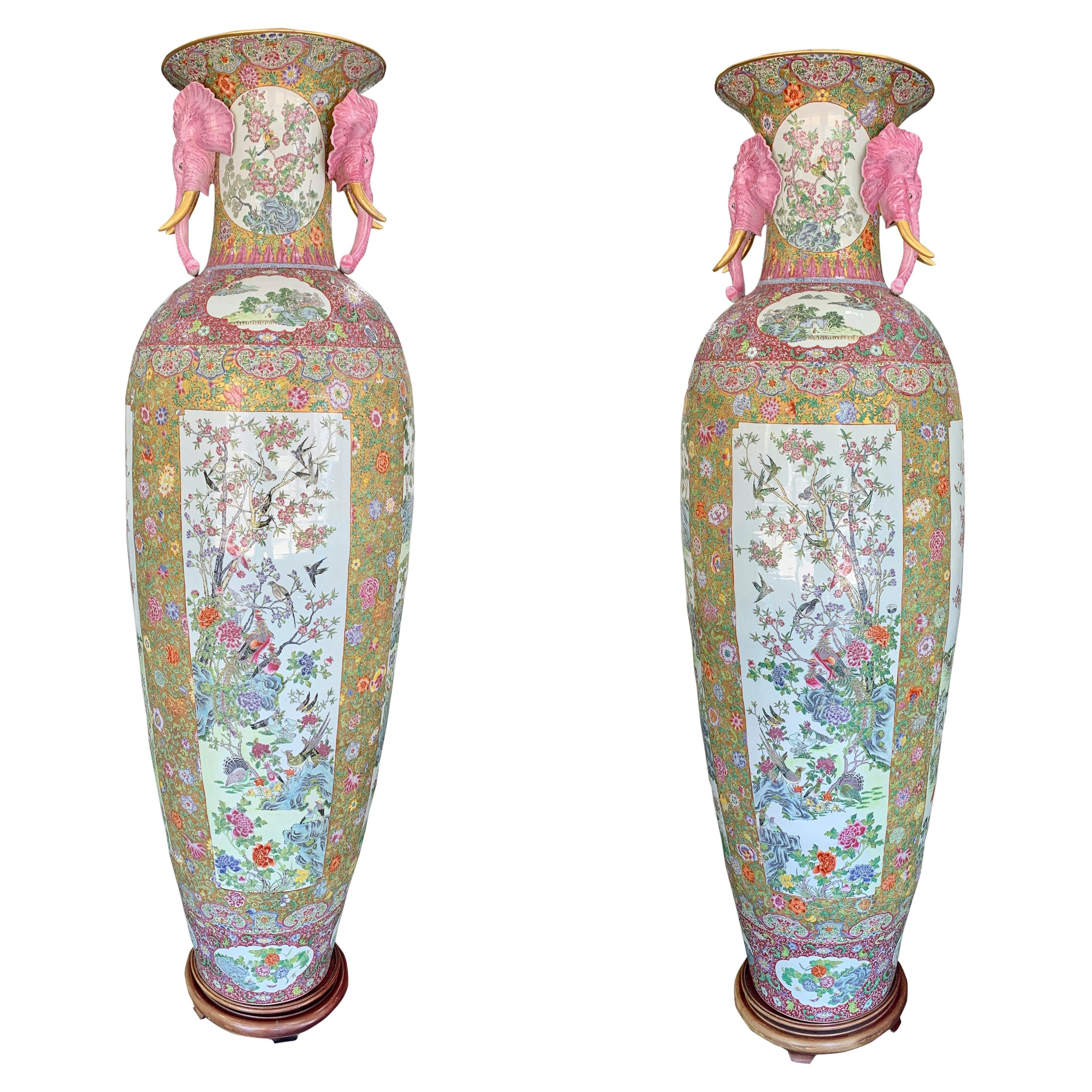 Hand-Painted Monumental Pair of Chinese Rose Canton Porcelain Palace Vases