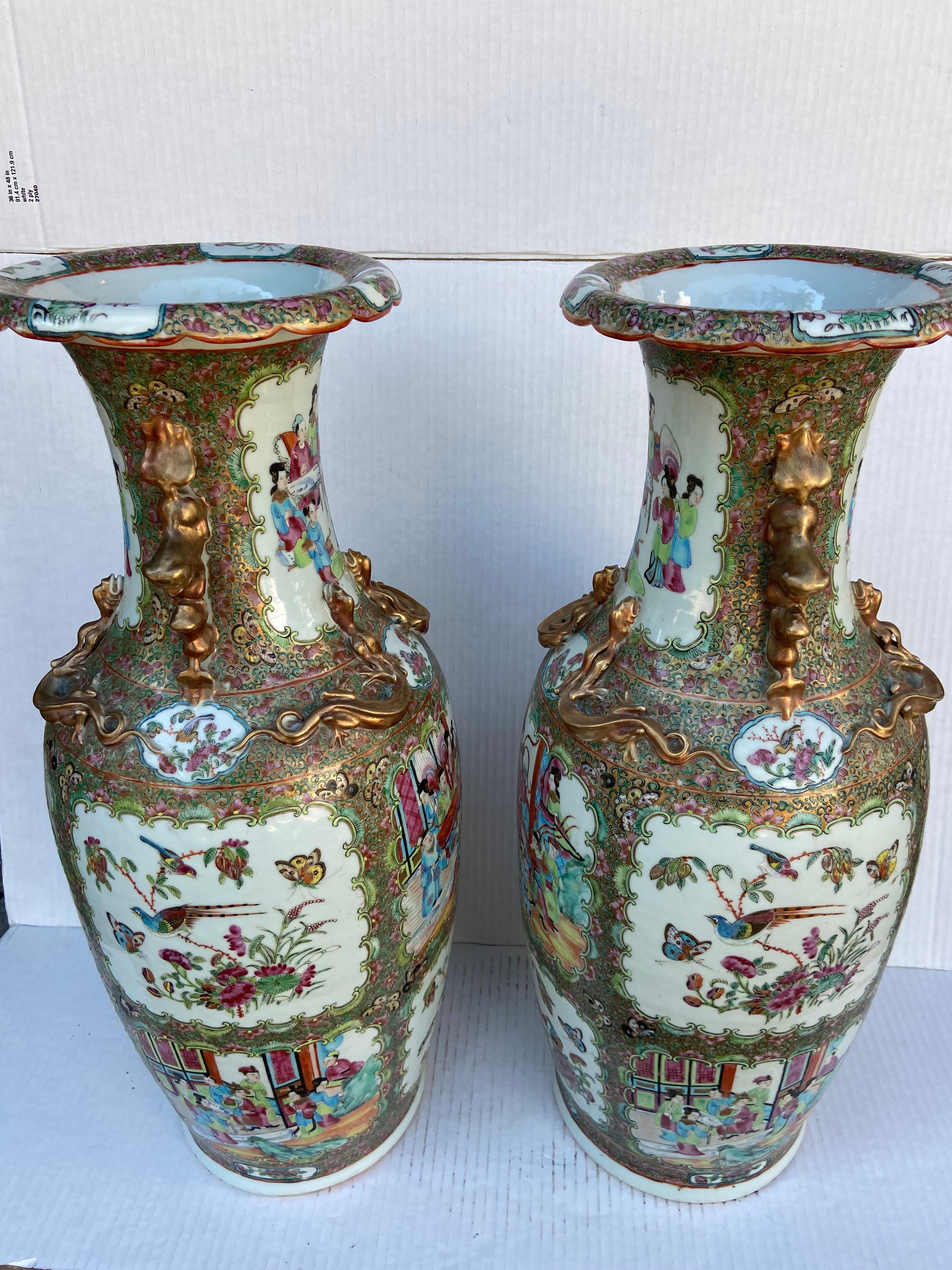Hand-Crafted Large Pair of Chinese Rose Medallion Vases