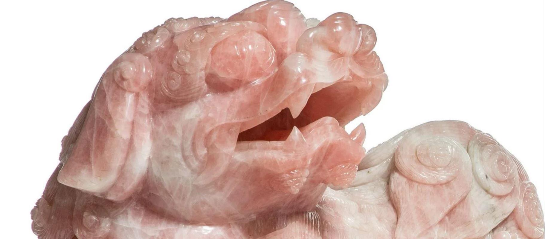 Hand-Carved Large Pair of Chinese Rose Quartz Foo Lions