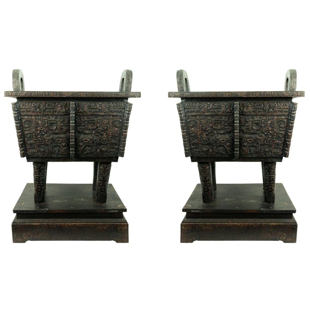 Large Pair of Chinese Shang Style Bronze Planters with Liner For Sale