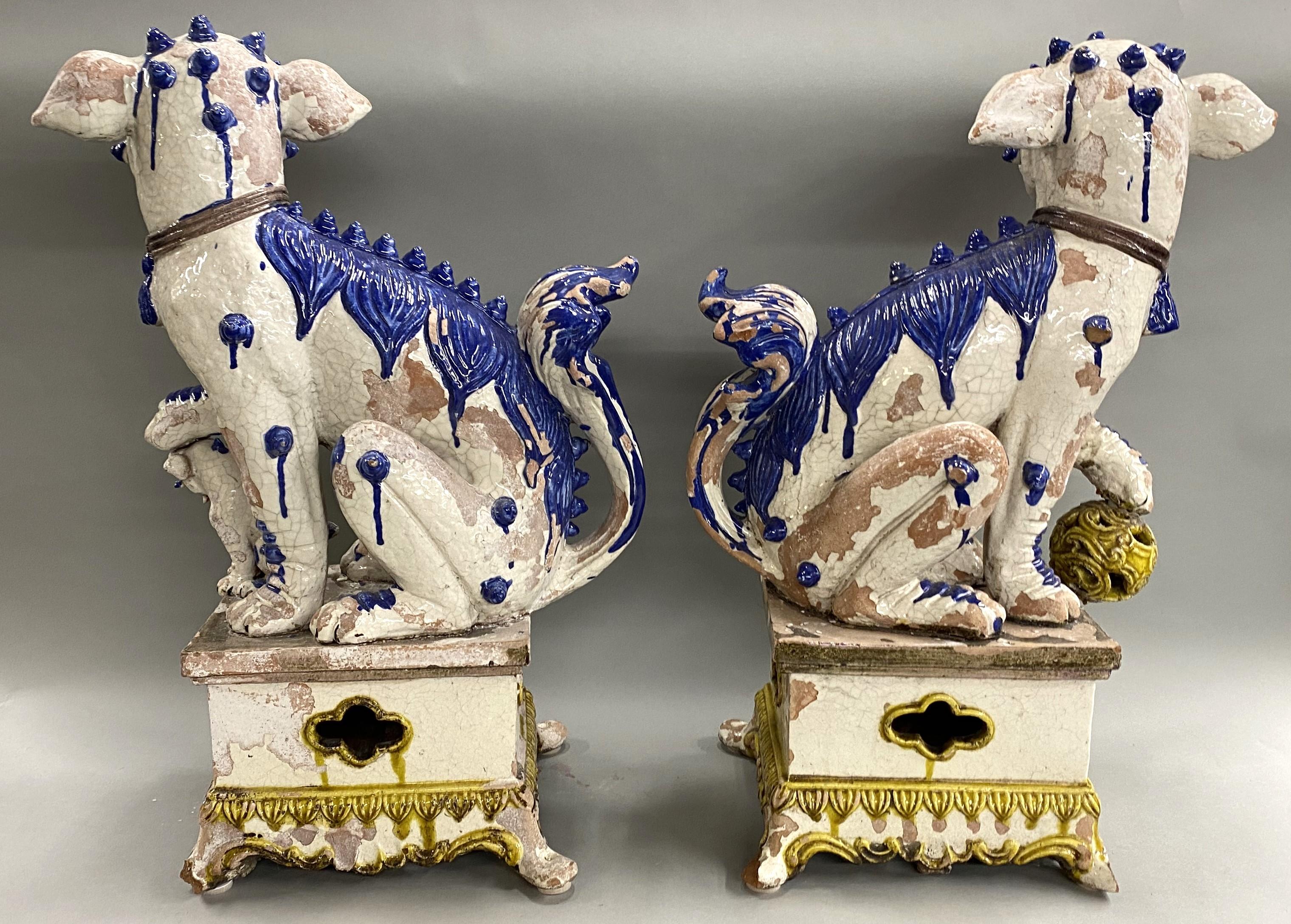 Large Pair of Chinese Tin Glazed Earthenware Foo Dogs with Ball & Pup Under Paws 2