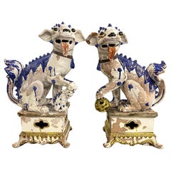 Vintage Large Pair of Chinese Tin Glazed Earthenware Foo Dogs with Ball & Pup Under Paws