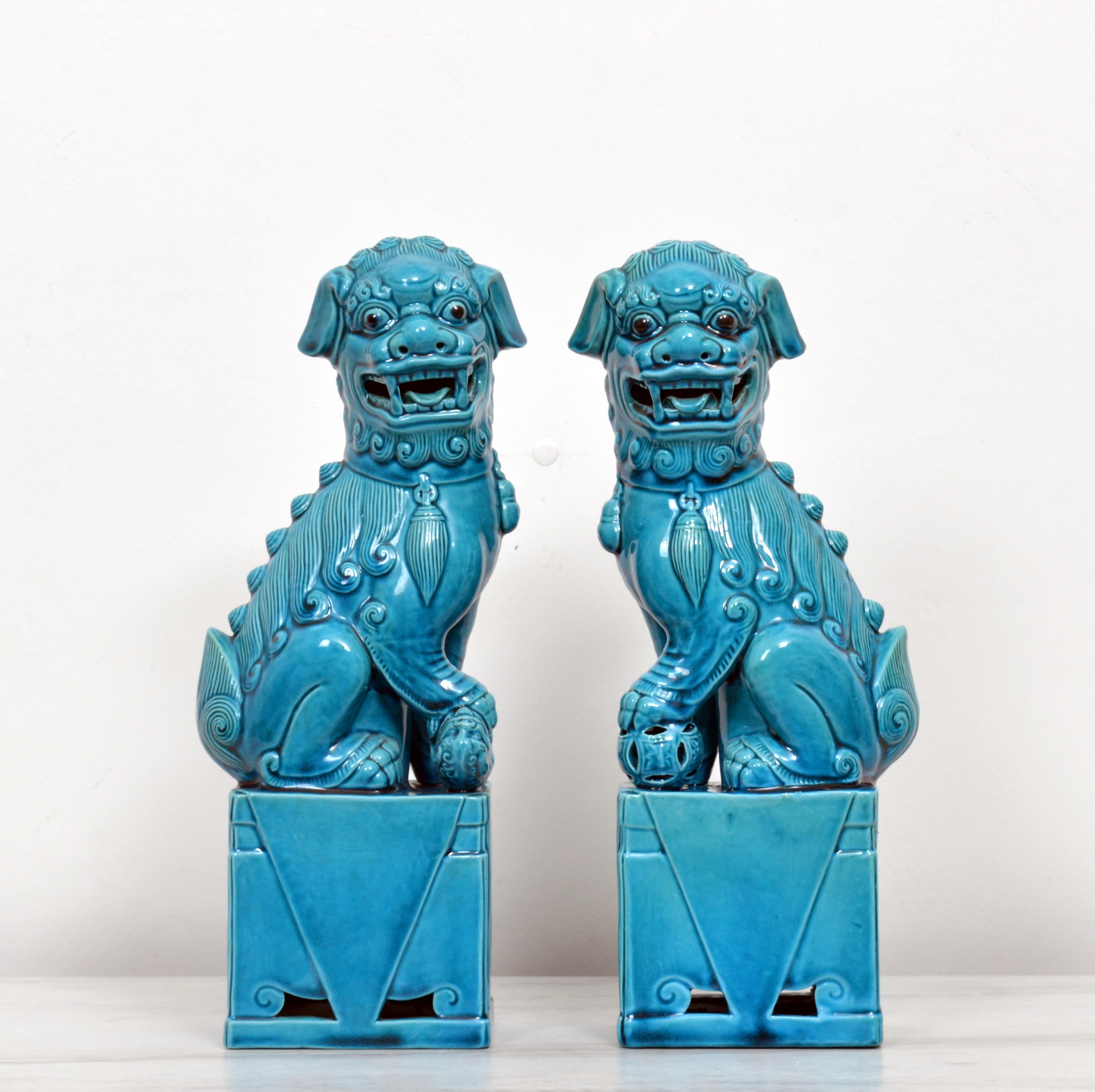 Chinese Export Large Pair of Chinese Turquoise Glazed Porcelain Mounted Foo Dogs