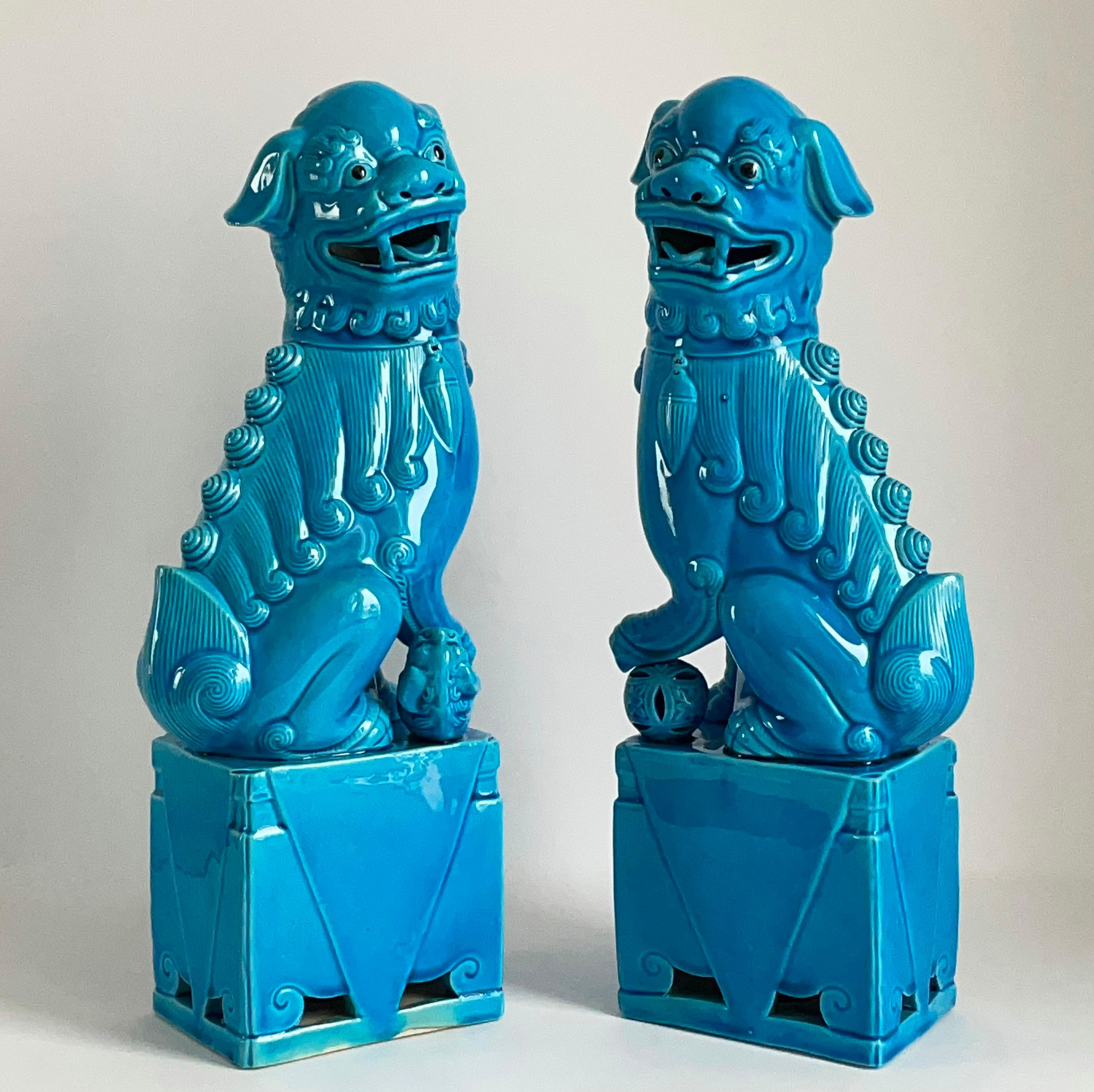 Chinese Export Large Pair of Chinese Turquoise Glazed Porcelain Mounted Foo Dogs