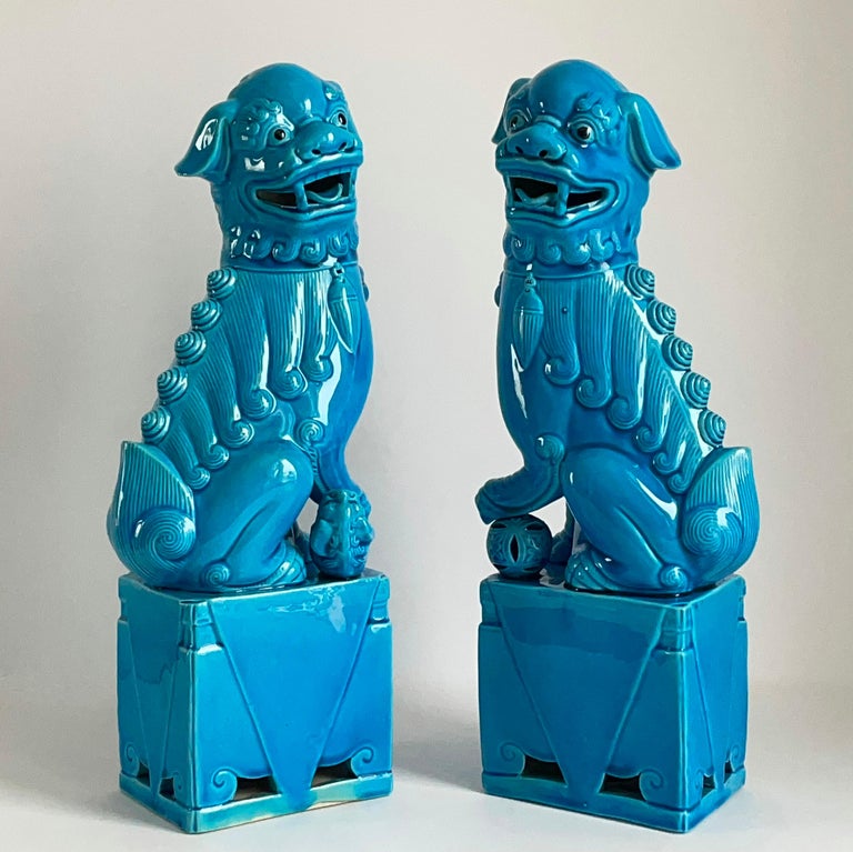 Large Pair of Chinese Turquoise Glazed Porcelain Mounted Foo Dogs For ...