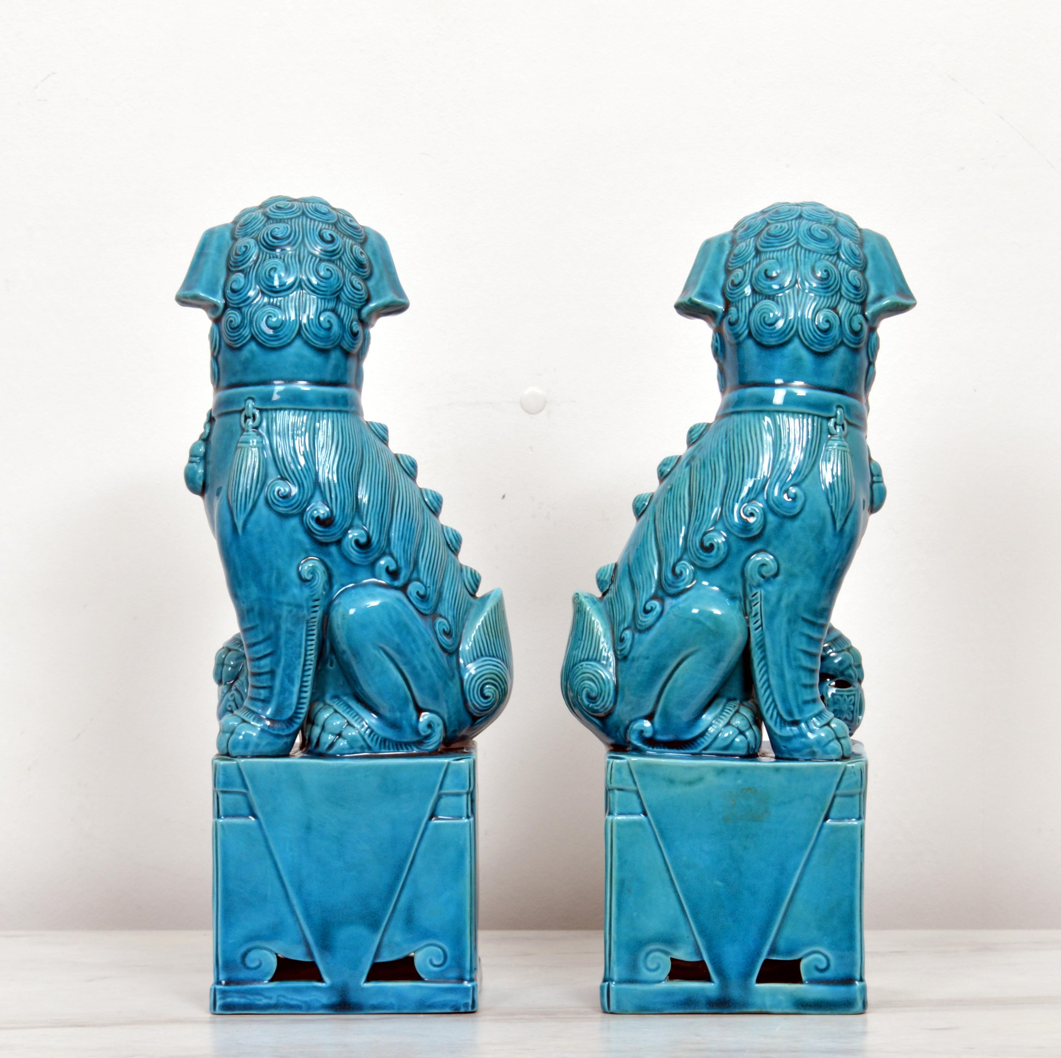 Large Pair of Chinese Turquoise Glazed Porcelain Mounted Foo Dogs In Good Condition In Stockholm, SE