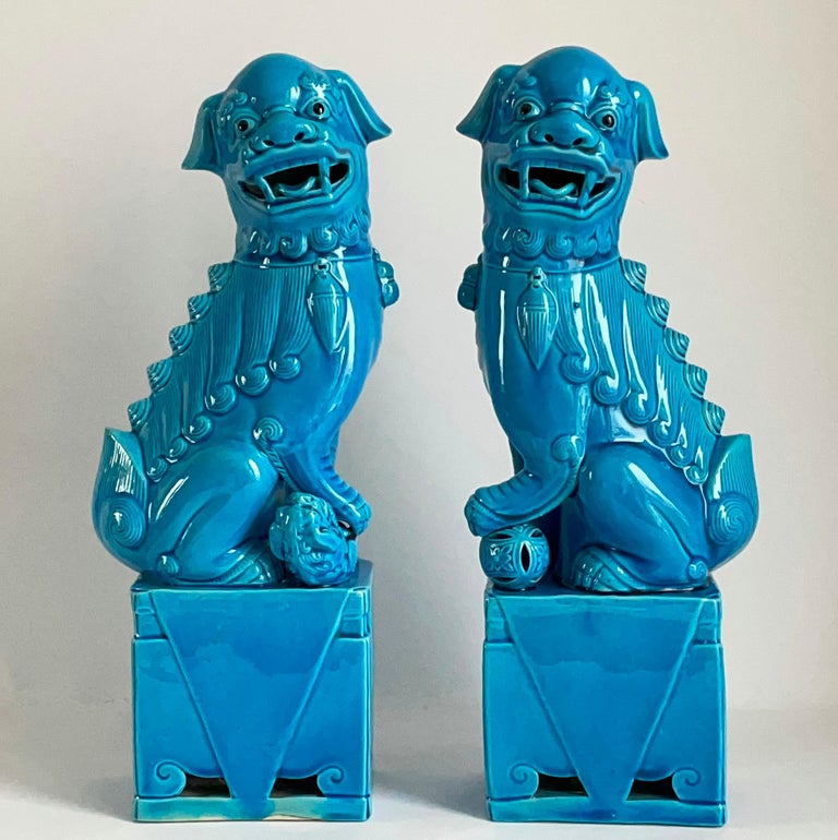 Large Pair of Chinese Turquoise Glazed Porcelain Mounted Foo Dogs For Sale at 1stDibs