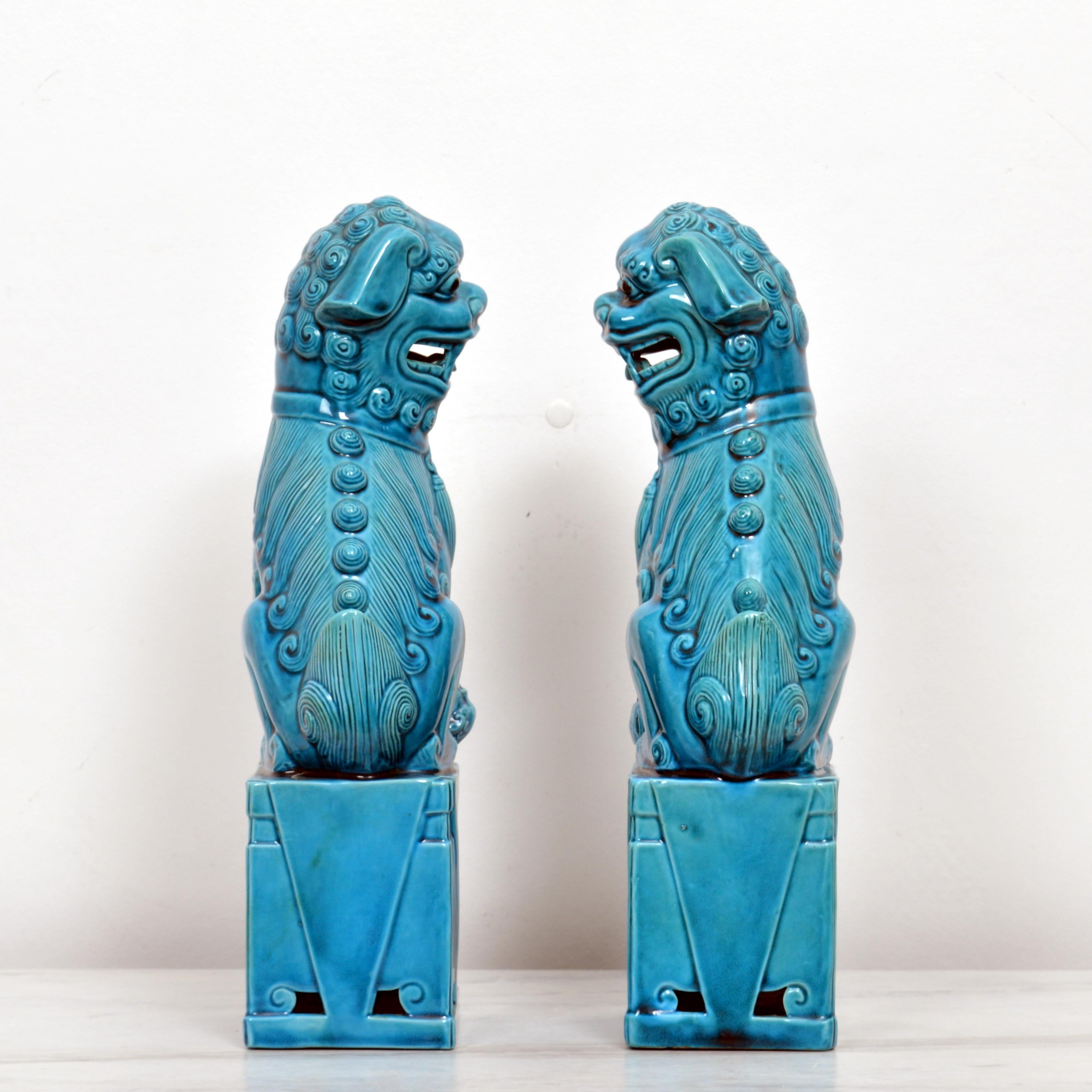 20th Century Large Pair of Chinese Turquoise Glazed Porcelain Mounted Foo Dogs