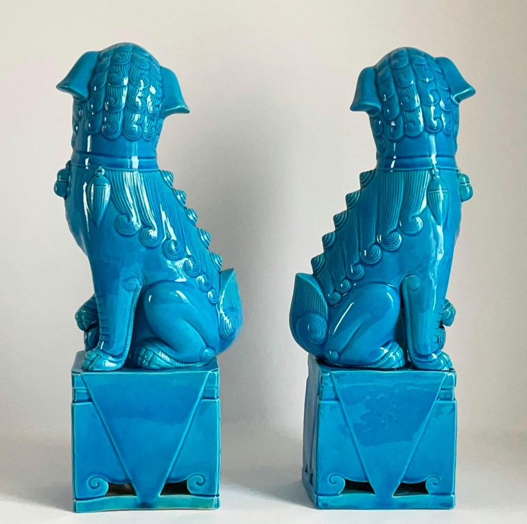 Large Pair of Chinese Turquoise Glazed Porcelain Mounted Foo Dogs For Sale at 1stDibs