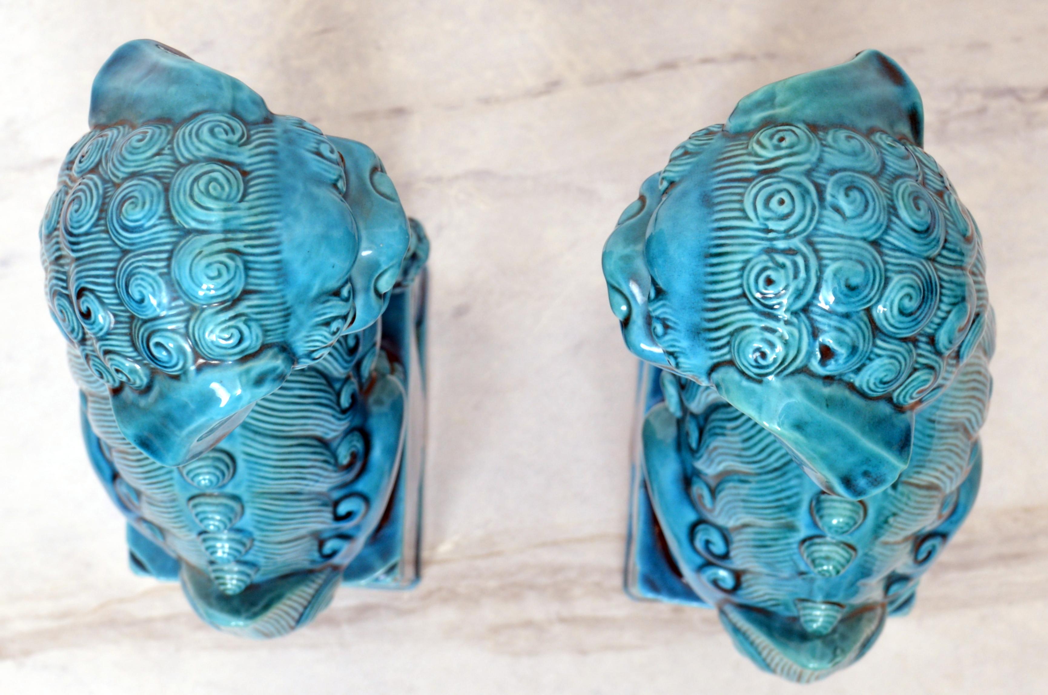 Ceramic Large Pair of Chinese Turquoise Glazed Porcelain Mounted Foo Dogs