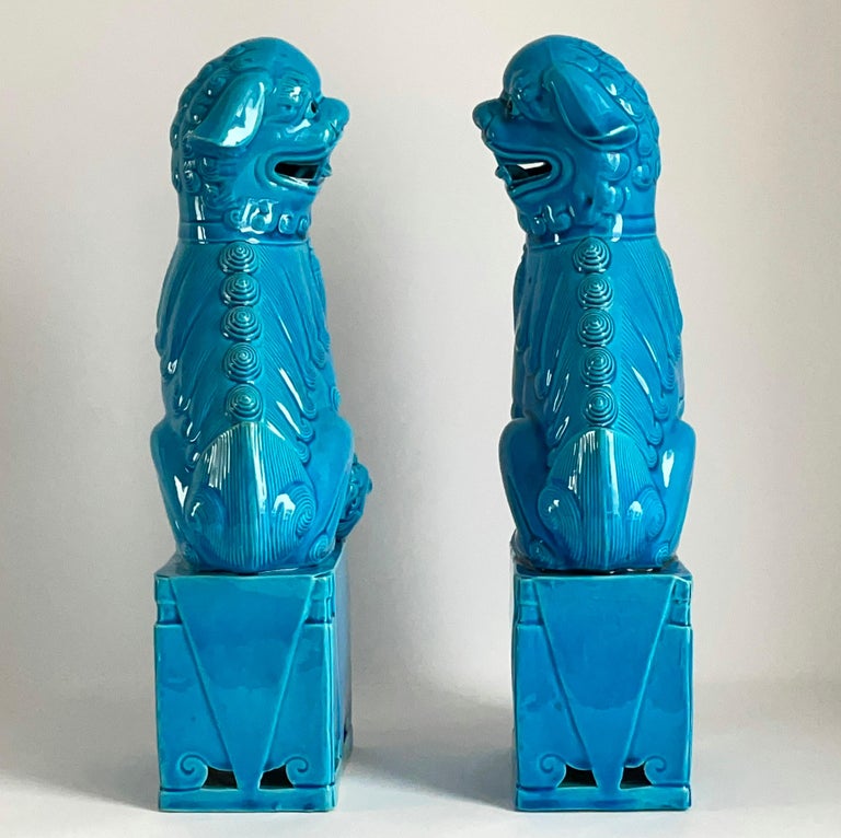 Large Pair of Chinese Turquoise Glazed Porcelain Mounted Foo Dogs For Sale at 1stDibs