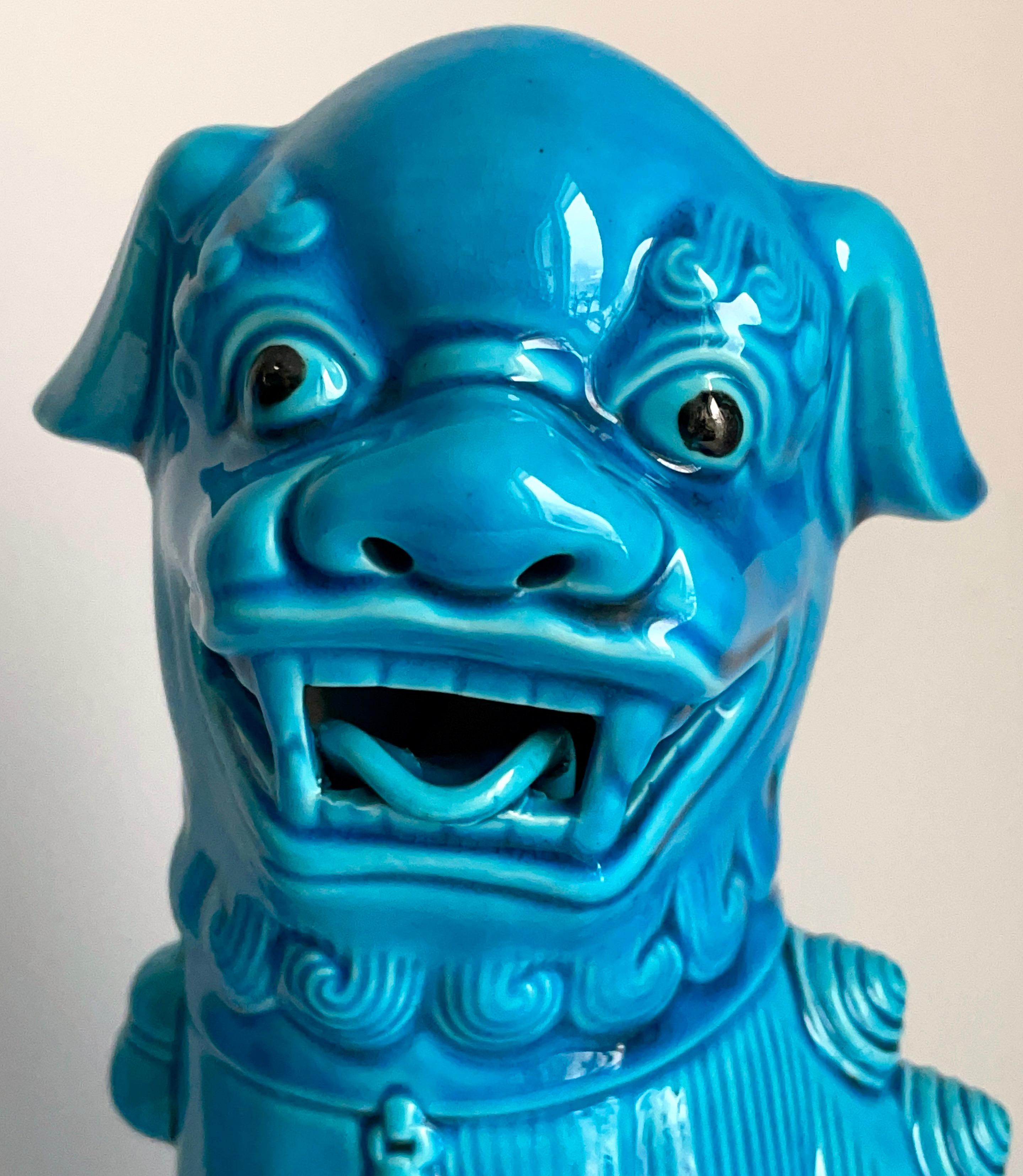 Large Pair of Chinese Turquoise Glazed Porcelain Mounted Foo Dogs 2