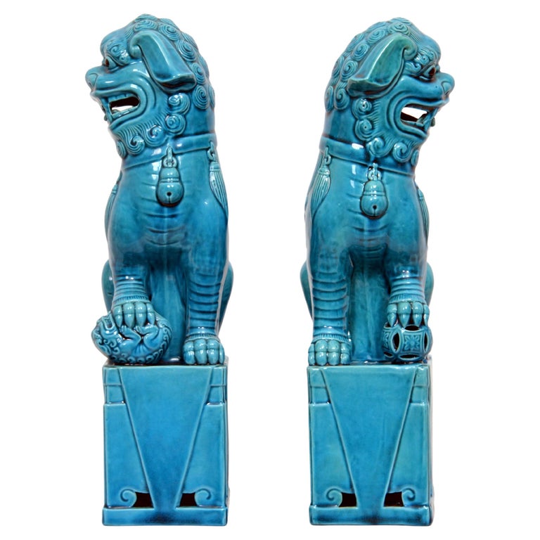 Large Pair of Chinese Turquoise Glazed Porcelain Mounted Foo Dogs For Sale at 1stDibs