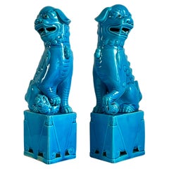 Vintage Large Pair of Chinese Turquoise Glazed Porcelain Mounted Foo Dogs