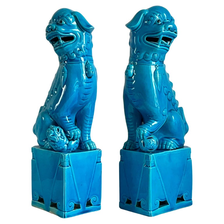 Large Pair of Chinese Turquoise Glazed Porcelain Mounted Foo Dogs For