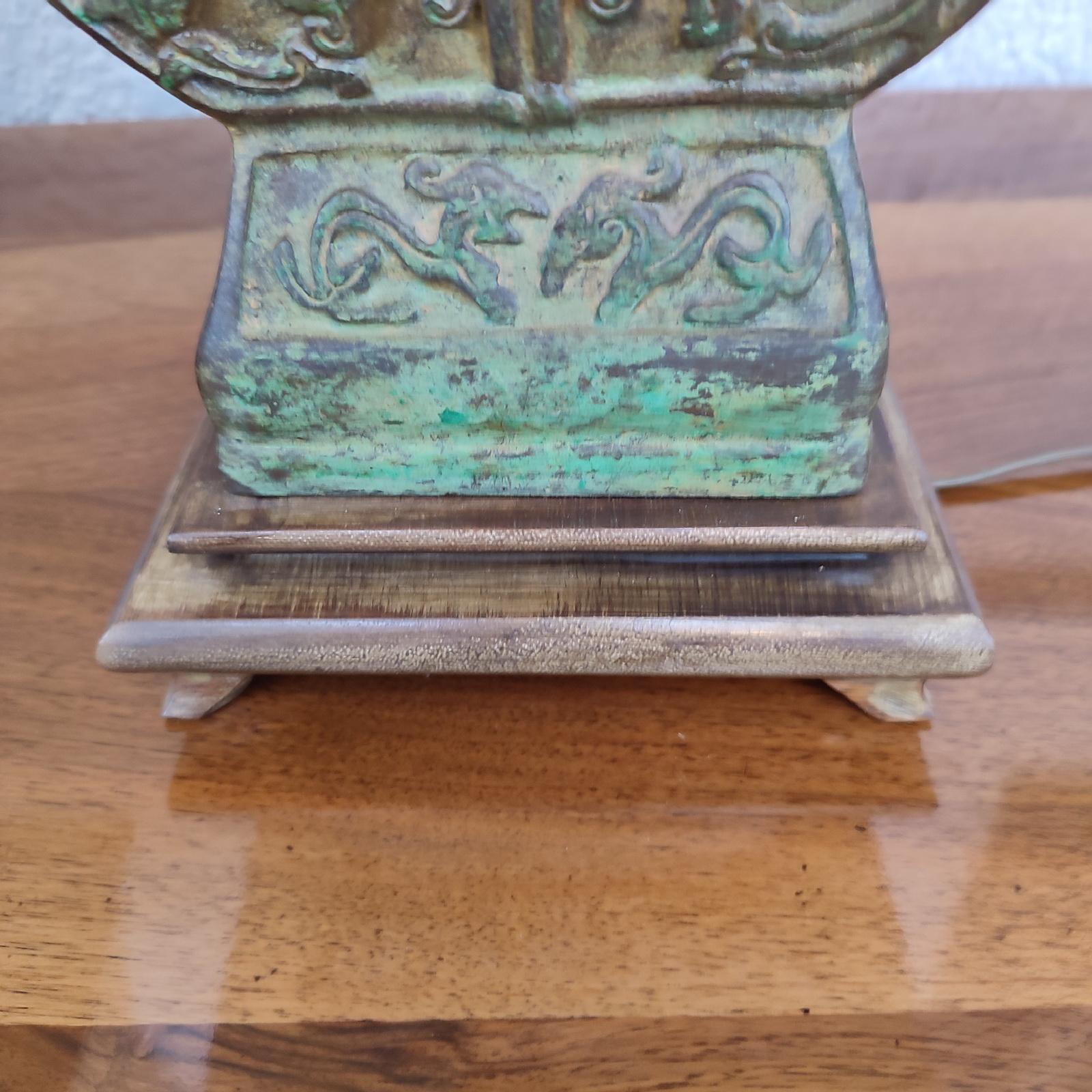 Large Pair of Chinese Verdigris Bronze Table Lamp For Sale 9