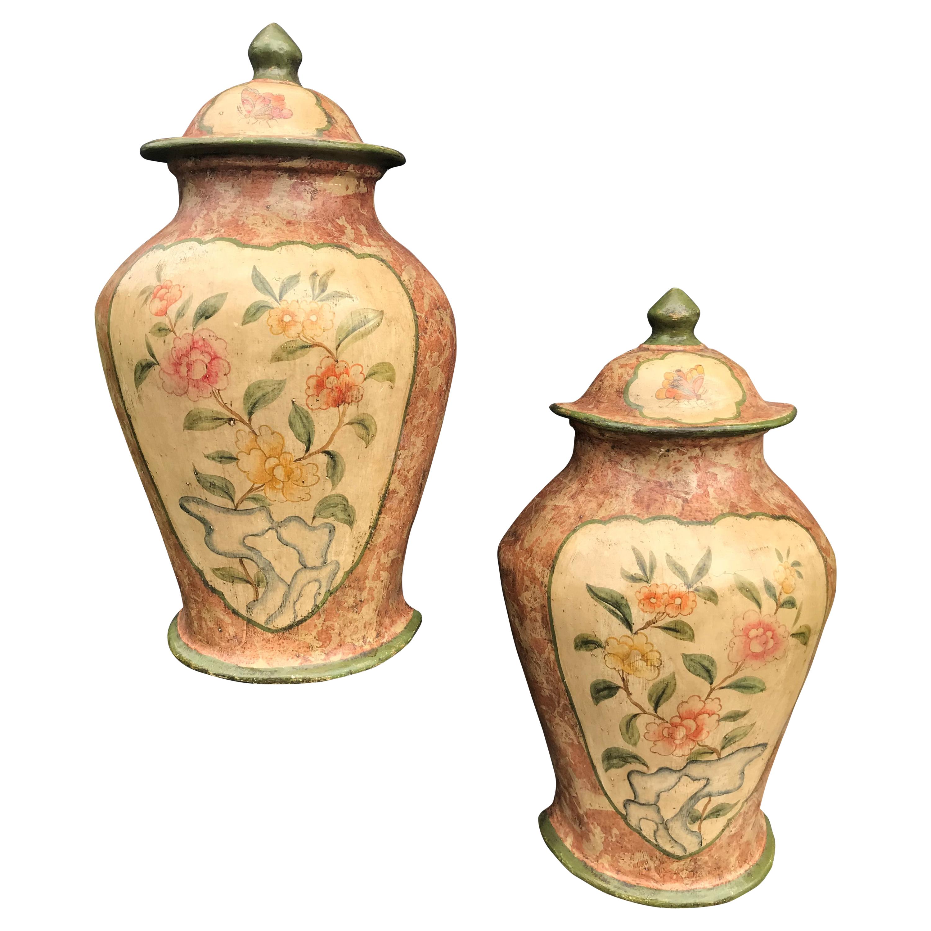 Rather Large Pair of Chinoiserie Papier Mache Faux Urns Parish-Hadley