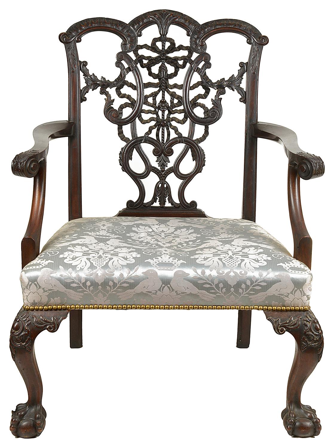 English Large Pair of Chippendale Ribbon Back Armchairs, 19th Century