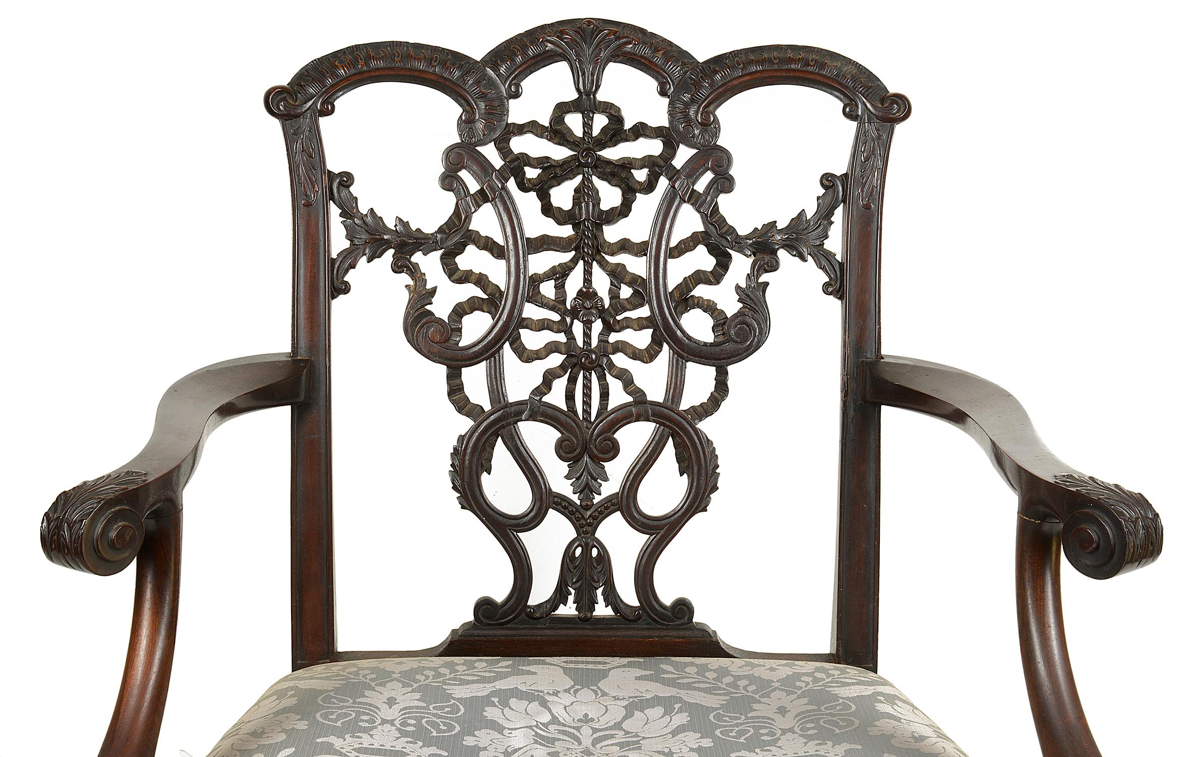 Carved Large Pair of Chippendale Ribbon Back Armchairs, 19th Century