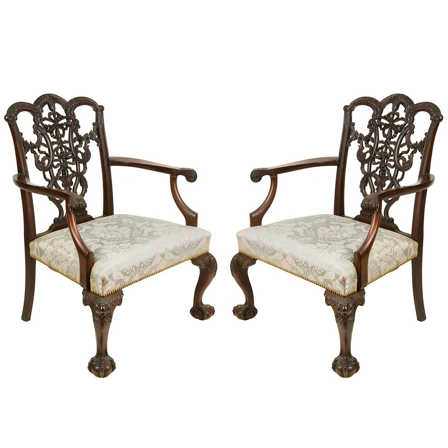 Large Pair of Chippendale Ribbon Back Armchairs, 19th Century